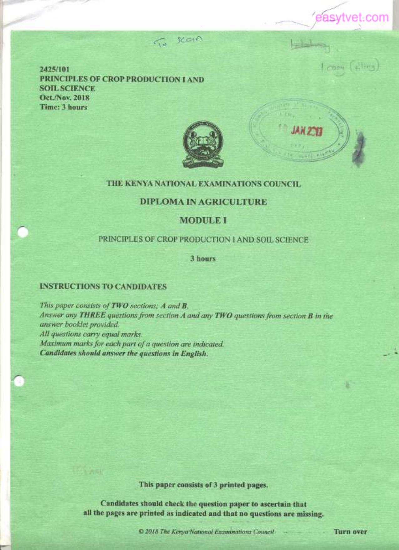Principles of Crop Production 1 and Soil Science (2018) — page 1 of 3