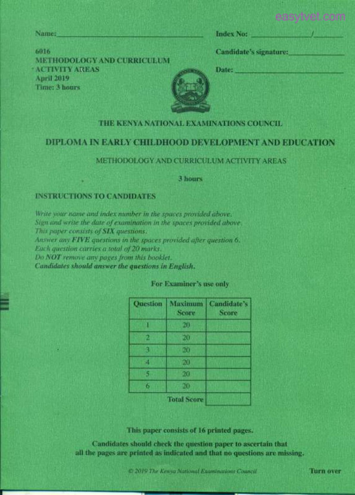 Difloma in Early Childhood Development and Education (2019) — page 1 of 3
