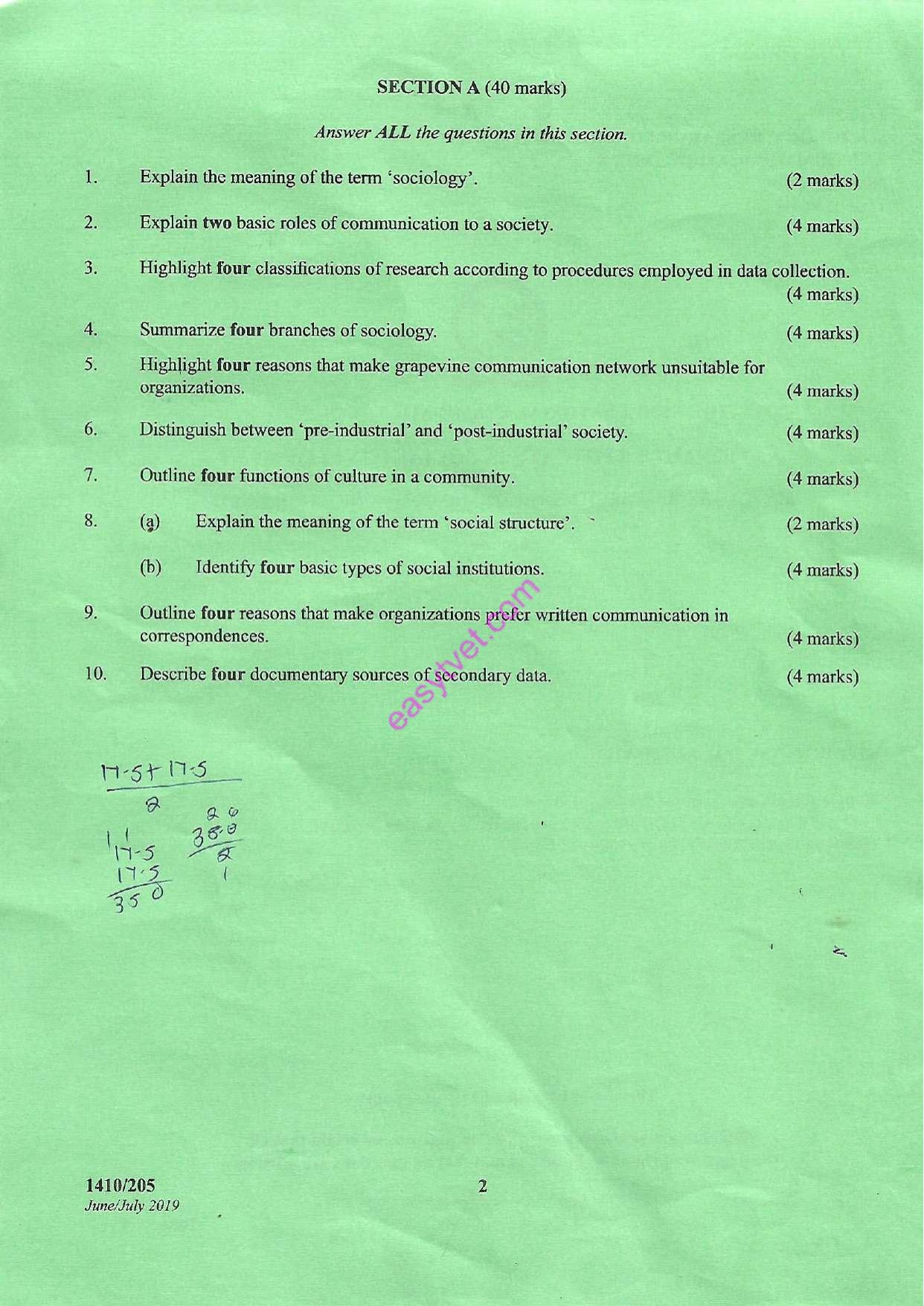 Sociology, Research Methods and Communication Skills (2019) — page 2 of 3