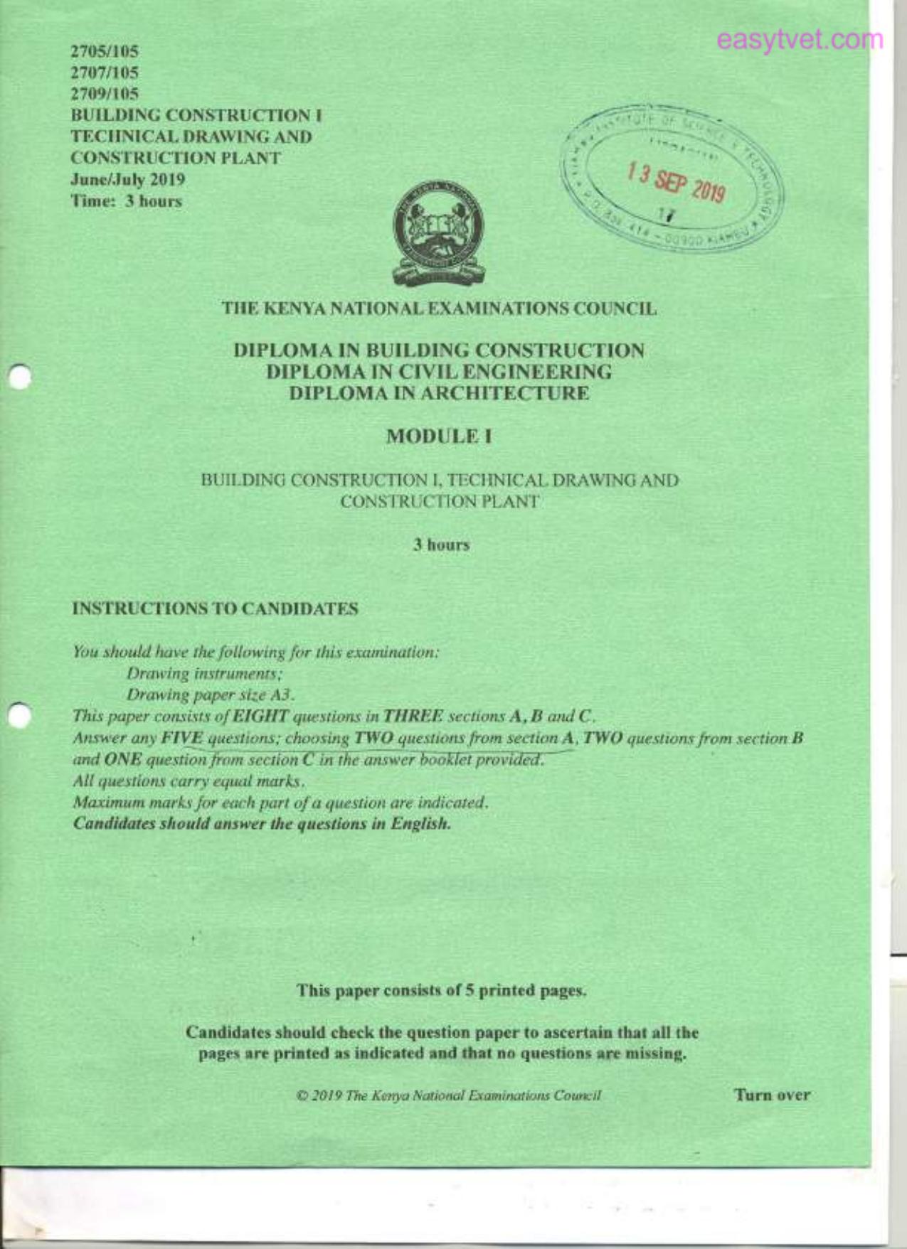 Building Construction I, Technical Drawing and (2019) — page 1 of 5