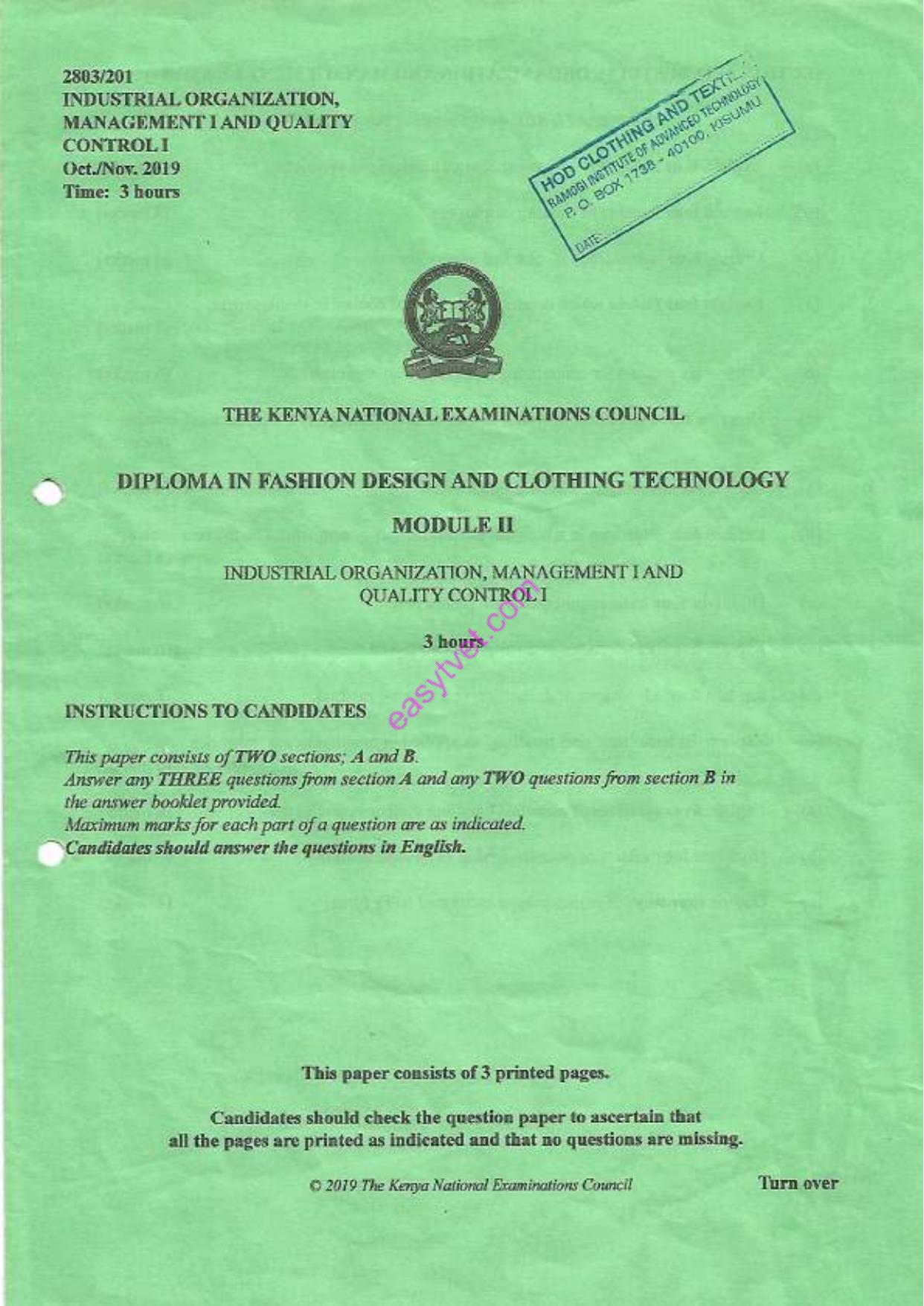 Industrial Organization, Management I and (2019) — page 1 of 3