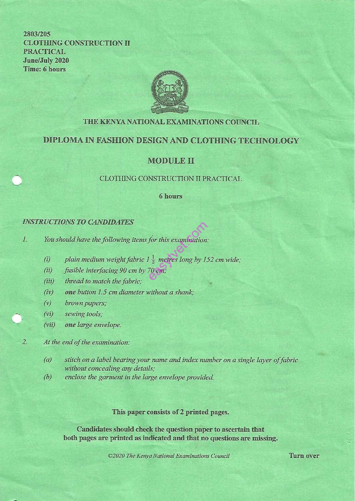 Clothing Construction T Practical (2020) — page 1 of 2