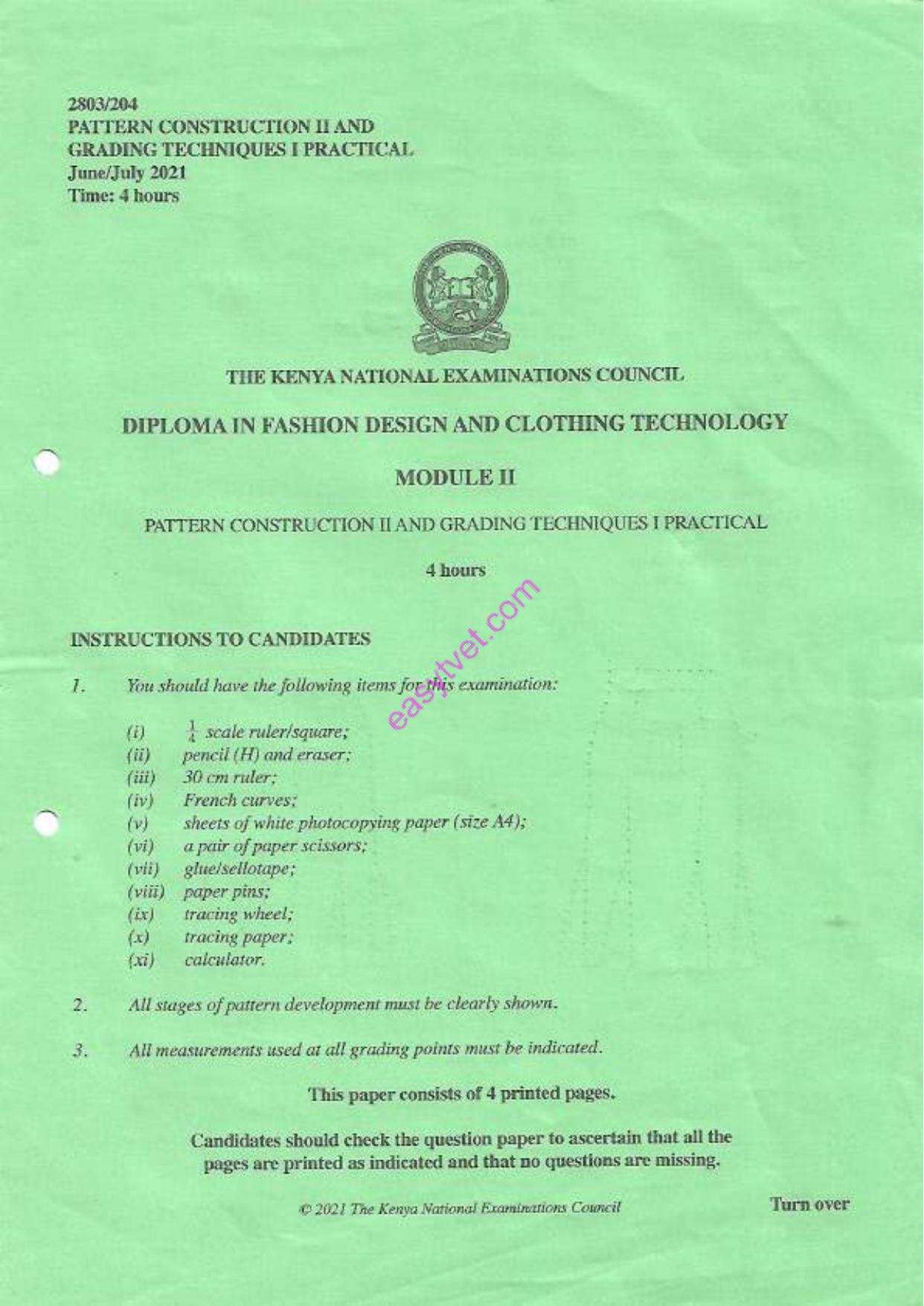 Pattern Construction Ii and Grading Techniques I Practical (2021) — page 1 of 4