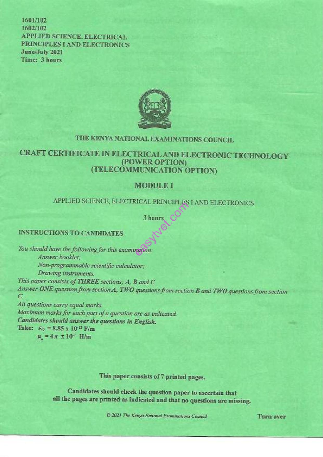 Applied Science, Electrical Principles and Electronics (2021) — page 1 of 6