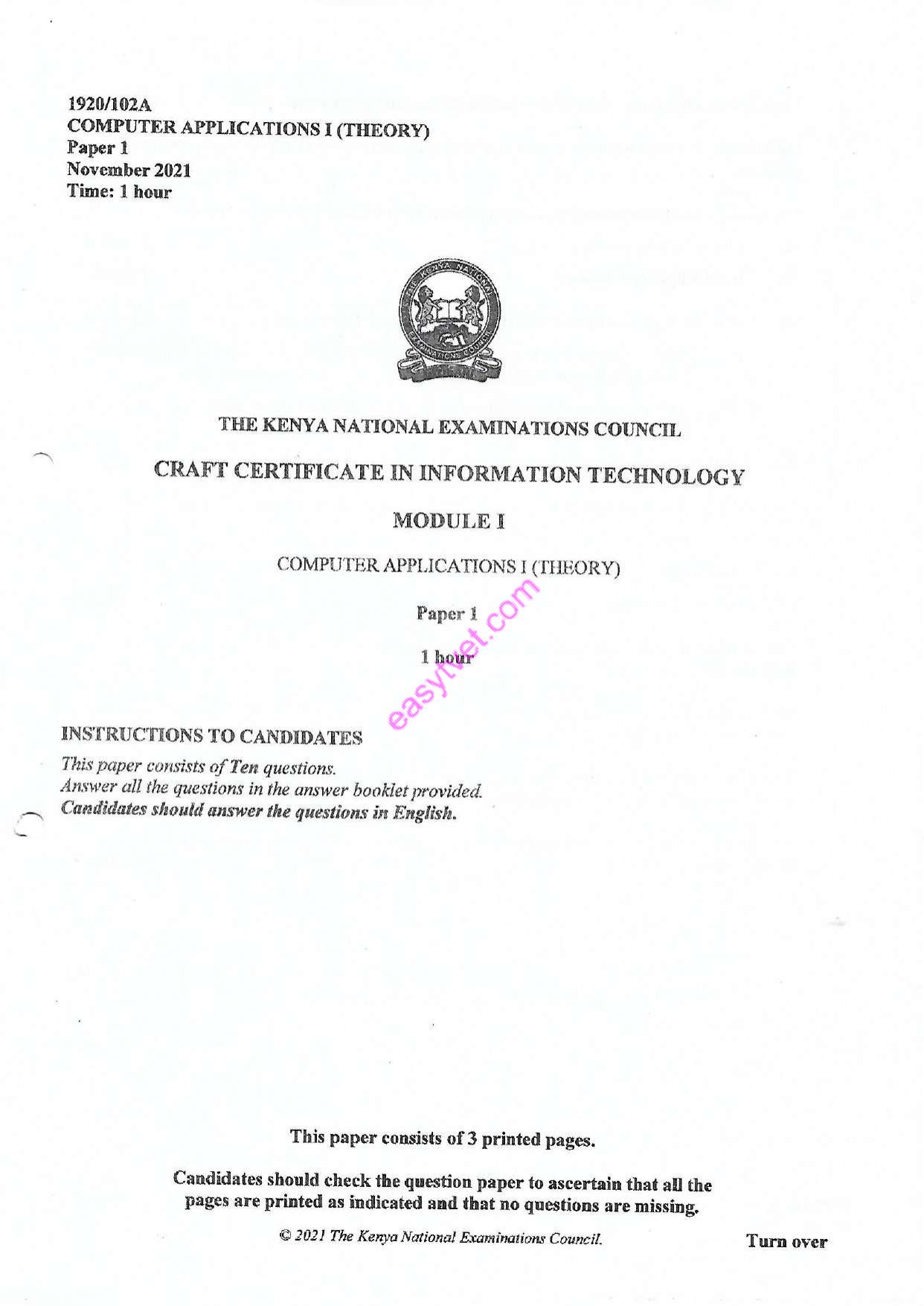 Computer Applications I (theory (2021) — page 1 of 3