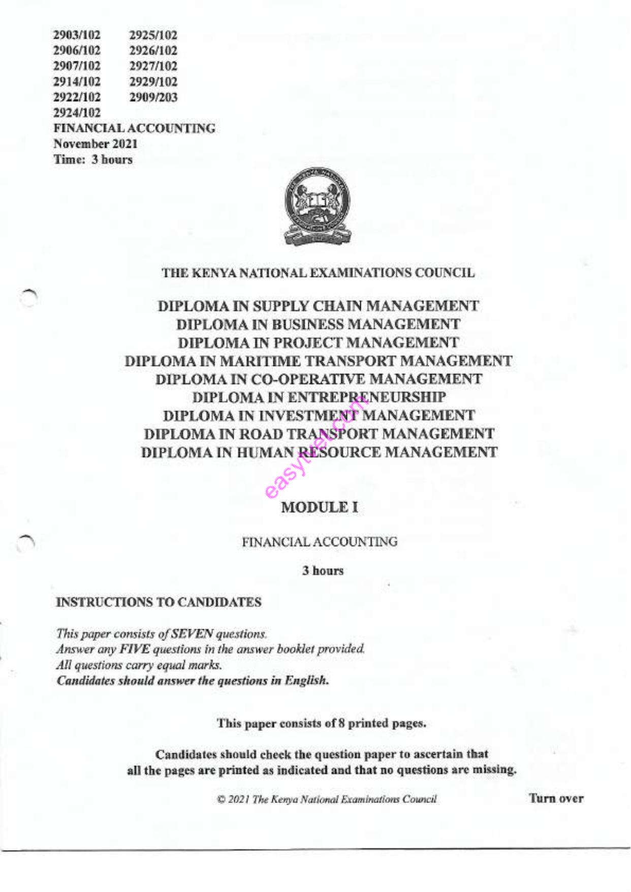 Diploma in Maritime Transport Management (2021) — page 1 of 8