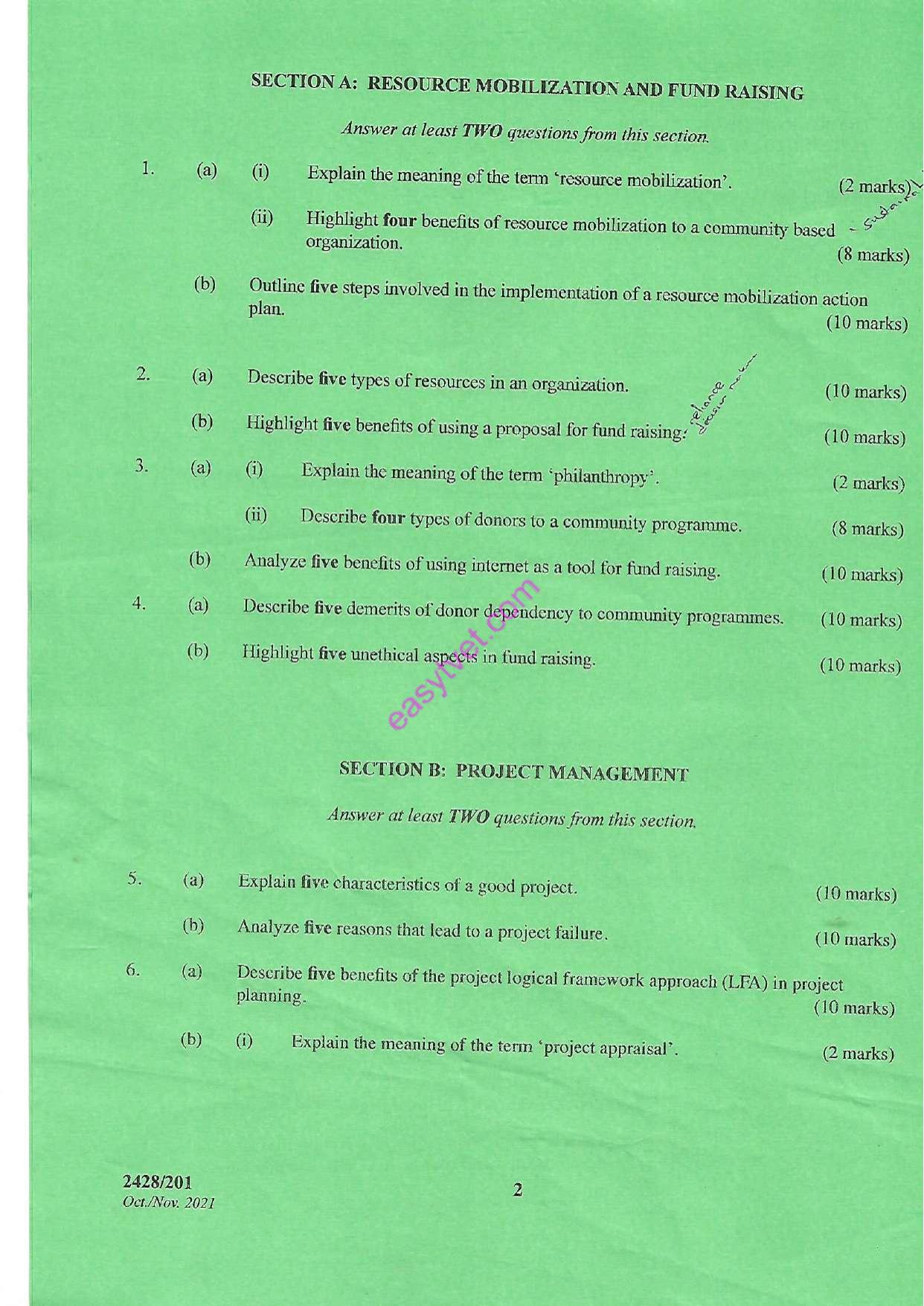 Resource Mobilization, Fund Raising and Project Management (2021) — page 2 of 3