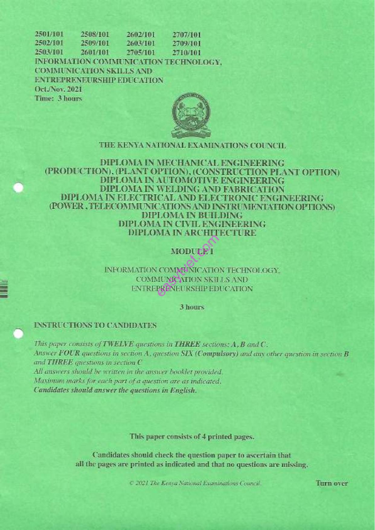 Diploma in Electrical and Electronic Engineering (2021) — page 1 of 4