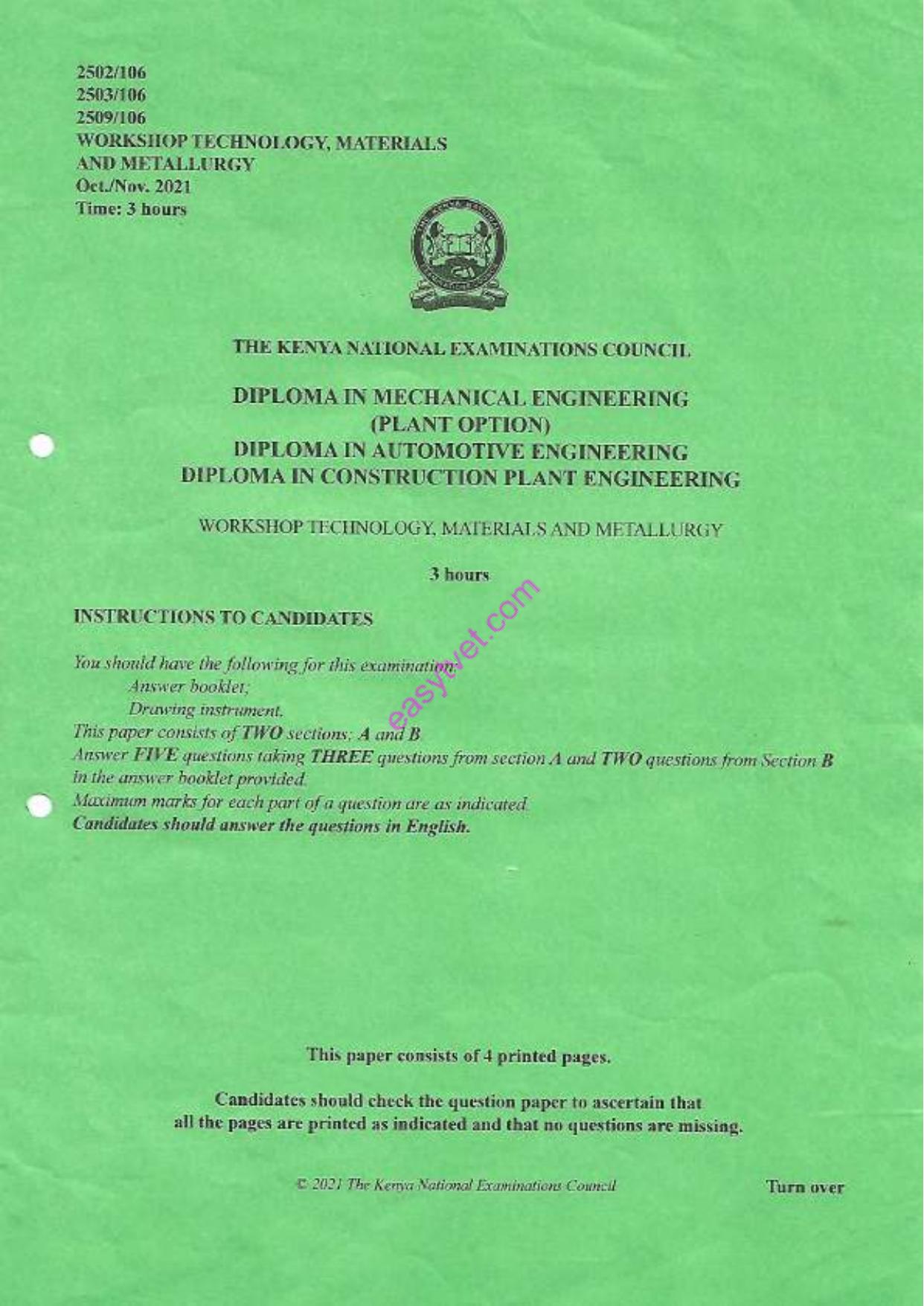 Woreshop Technology., Materials and Metallurgy (2021) — page 1 of 4