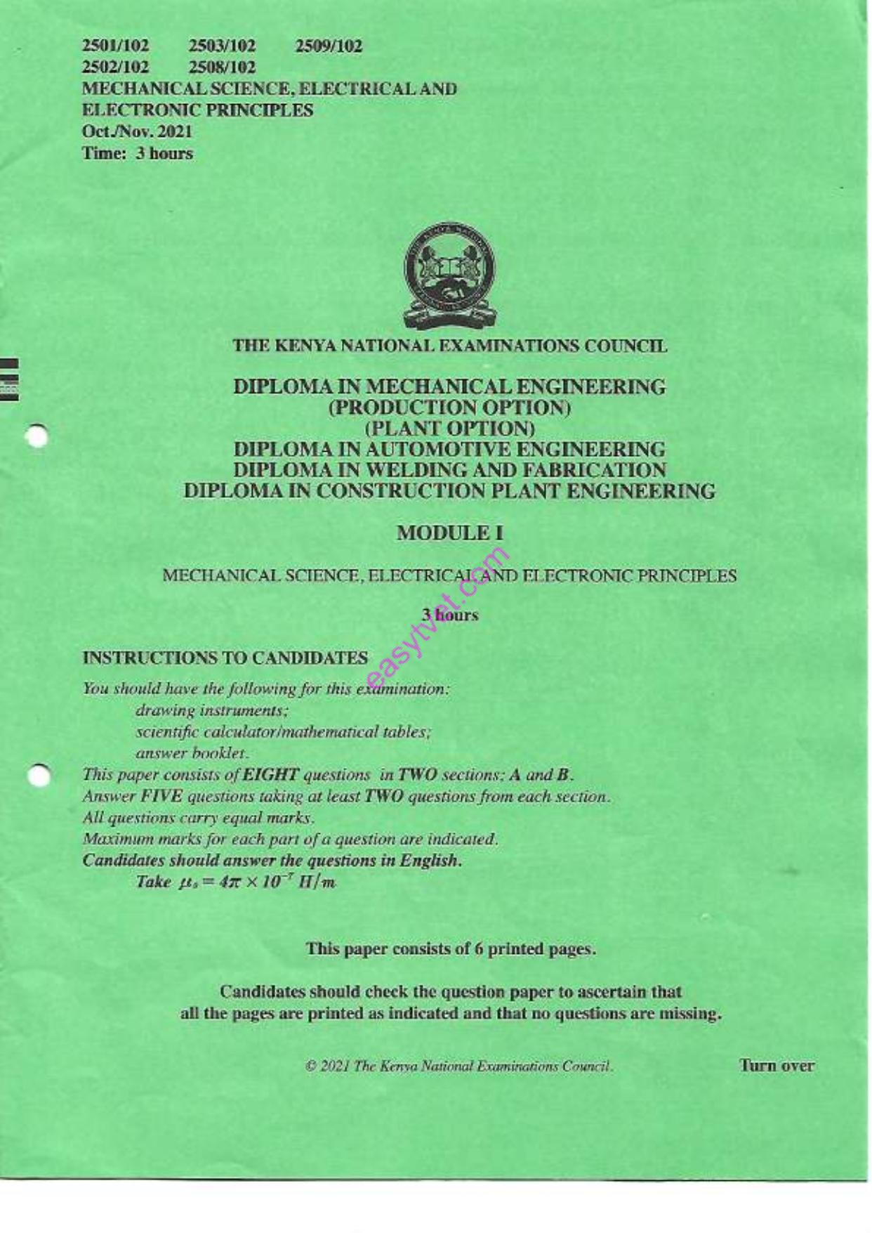 Mechamnical Sctence, Electrical and Electronic Princifles (2021) — page 1 of 6