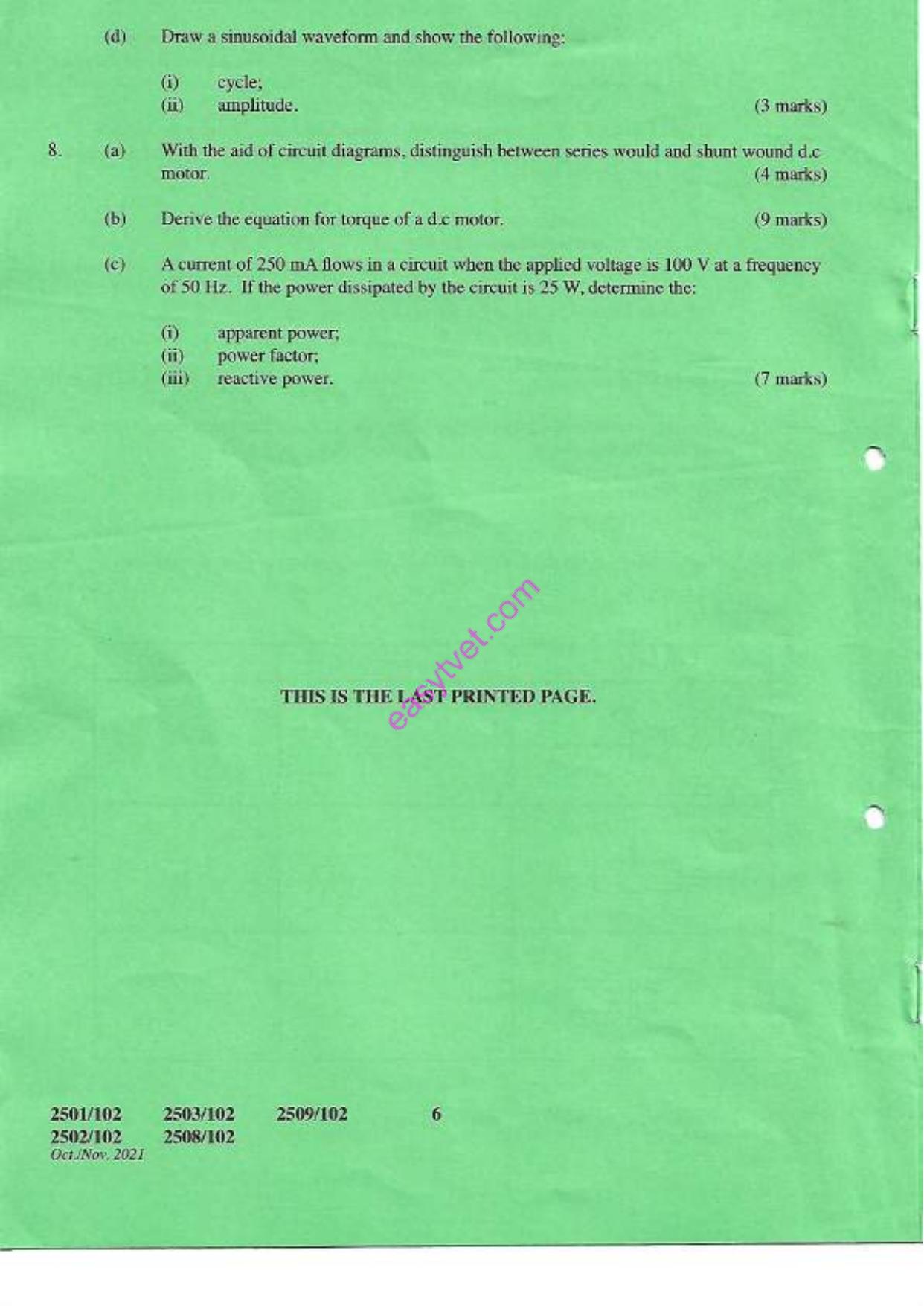 Mechamnical Sctence, Electrical and Electronic Princifles (2021) — page 6 of 6