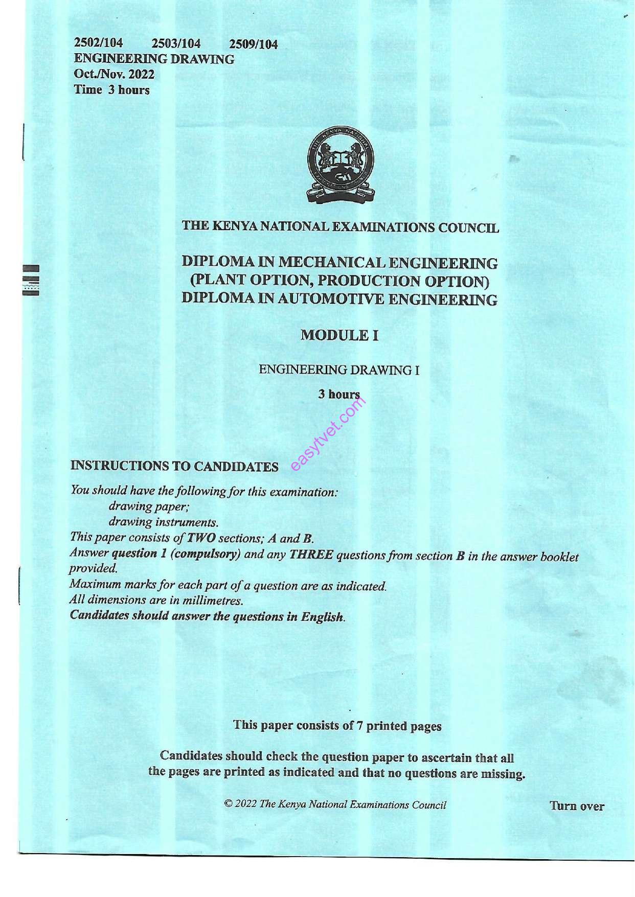 Engineering Drawing I (2022) — page 1 of 7