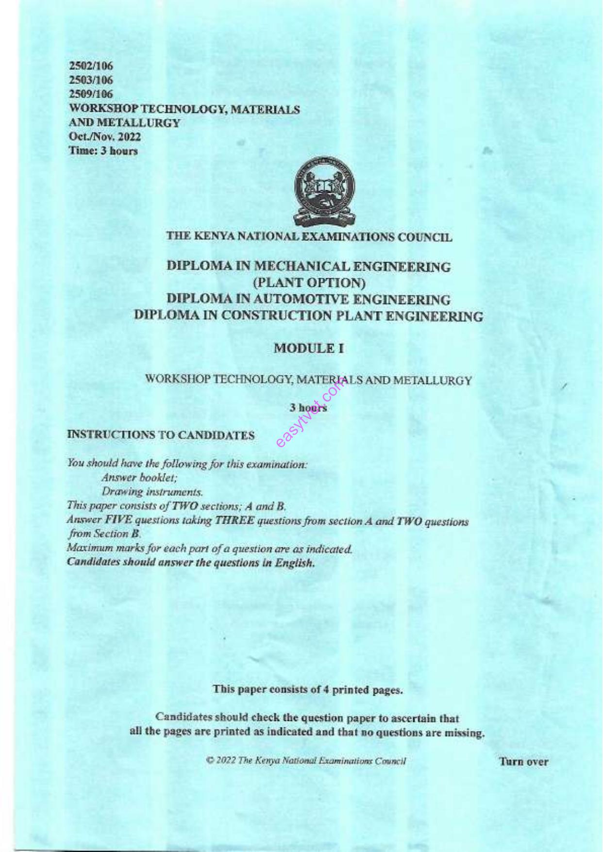 Workshop Technology, Materials and Metallurgy (2022) — page 1 of 4