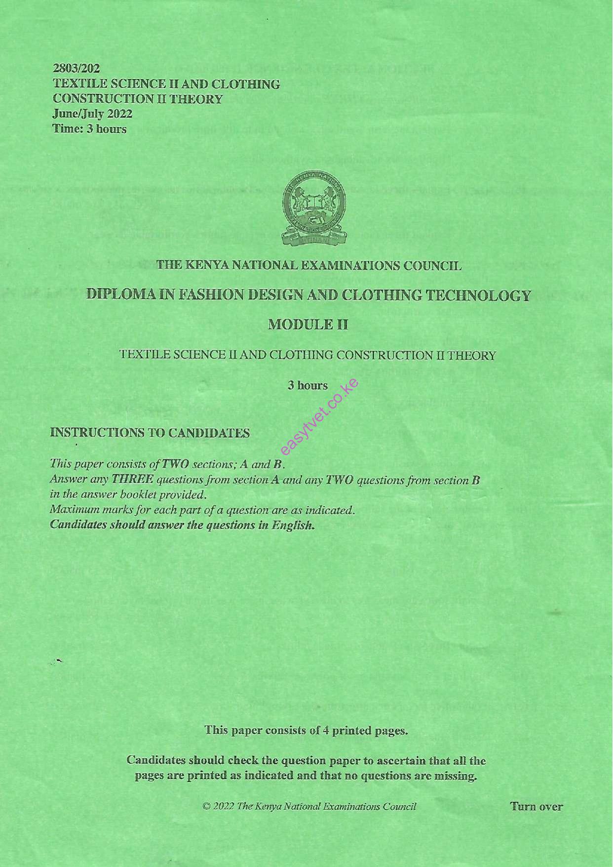 Textile Science Ii and Clothing Construction Ii Theory (2022) — page 1 of 4