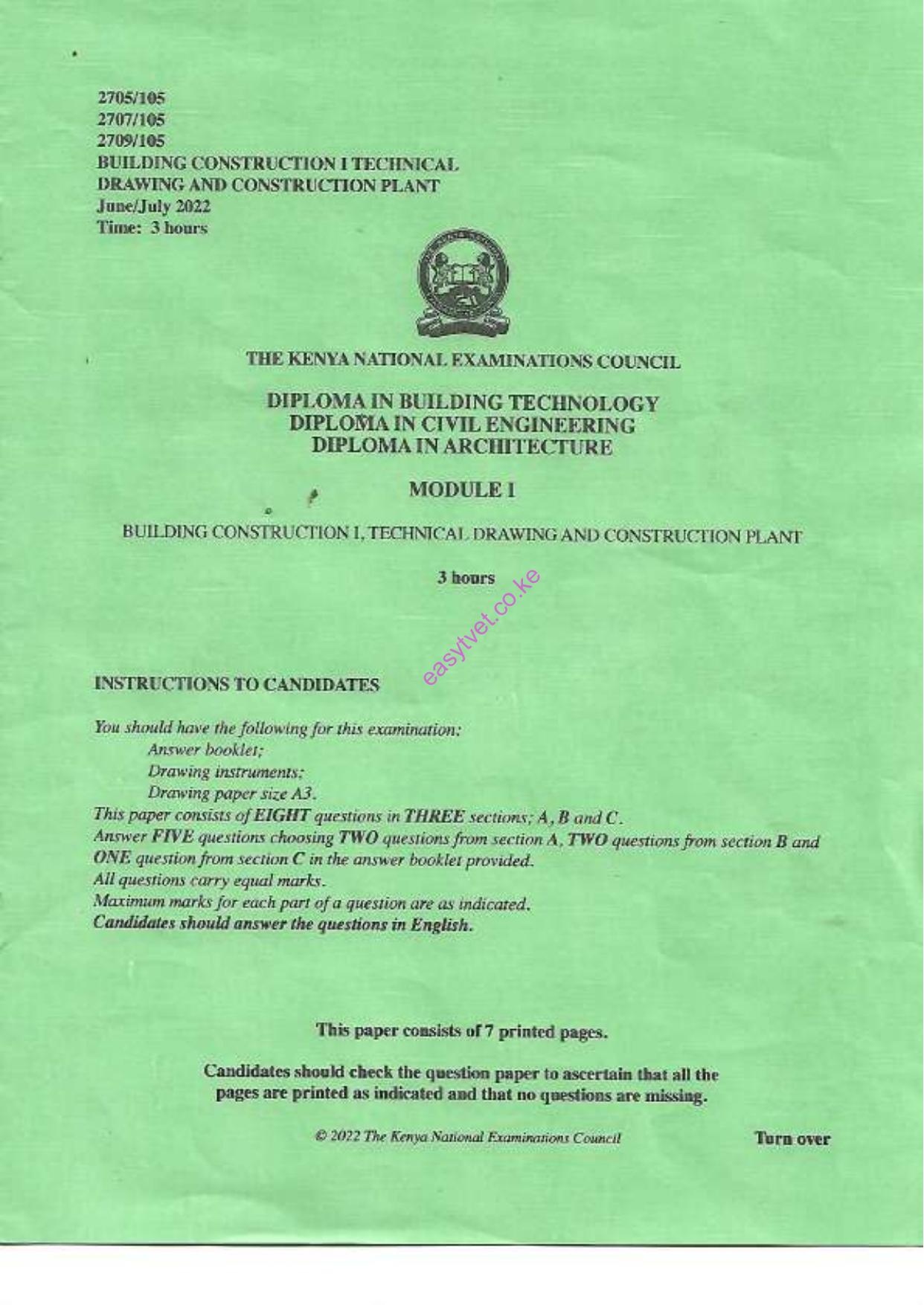 Bullding Constructhon 1, Techntcal Drawing and Construction Plant (2022) — page 1 of 7
