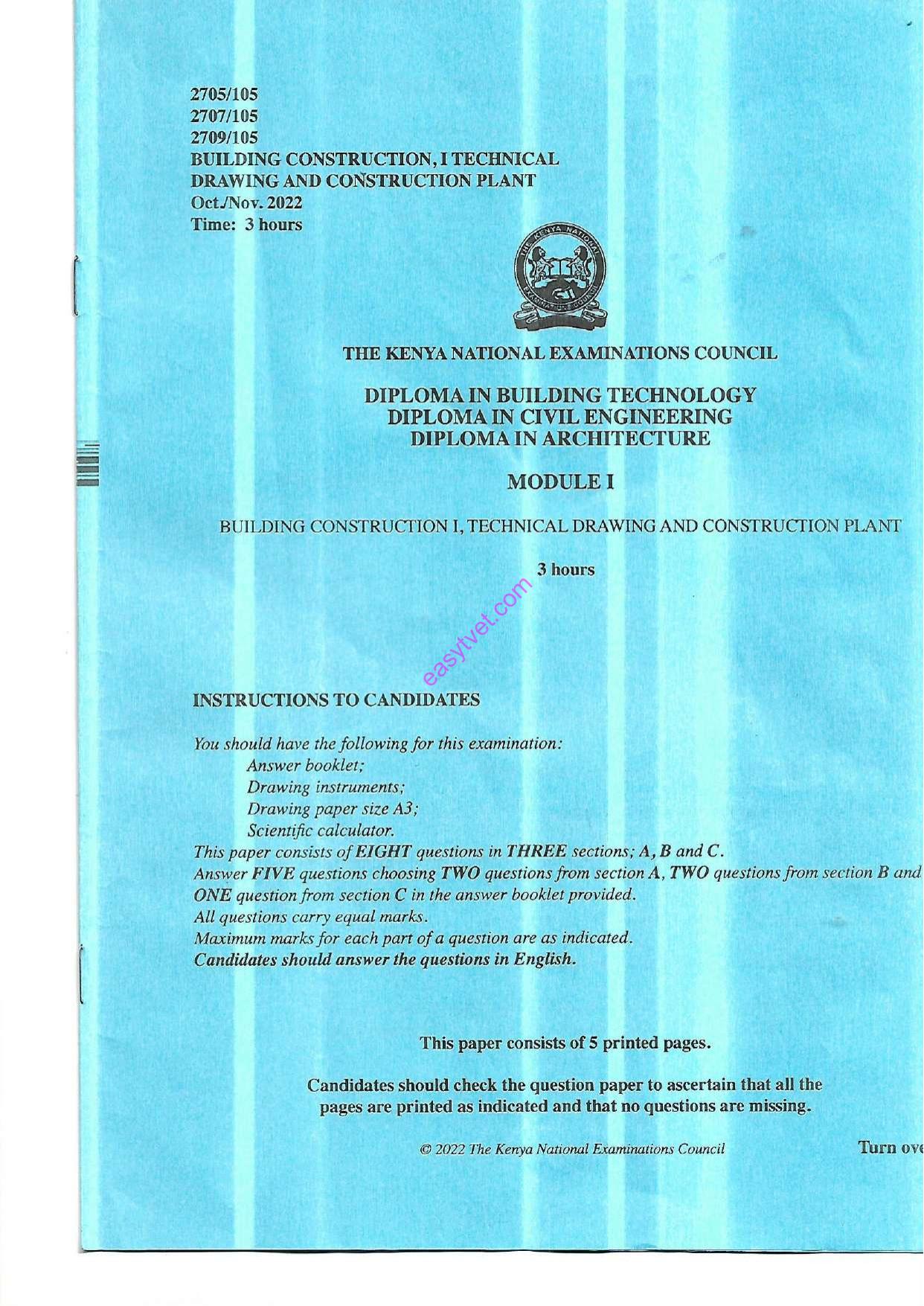 Building Construction I, Technical Drawing and Construction Plant (2022) — page 1 of 5