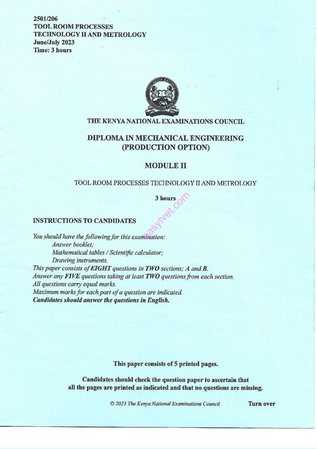 Tool Room Processes Technology Ii and Metrology (2023) — page 1 of 5