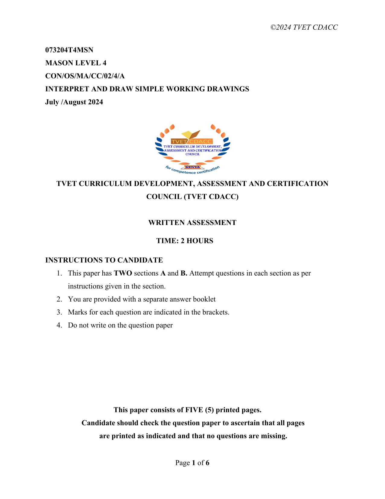 Tvet Curriculum Development, Assessment and Certification (2024) — page 1 of 6