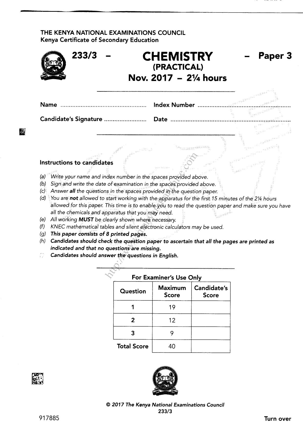Chemistry KCSE Paper 3 (2017) — page 1 of 8