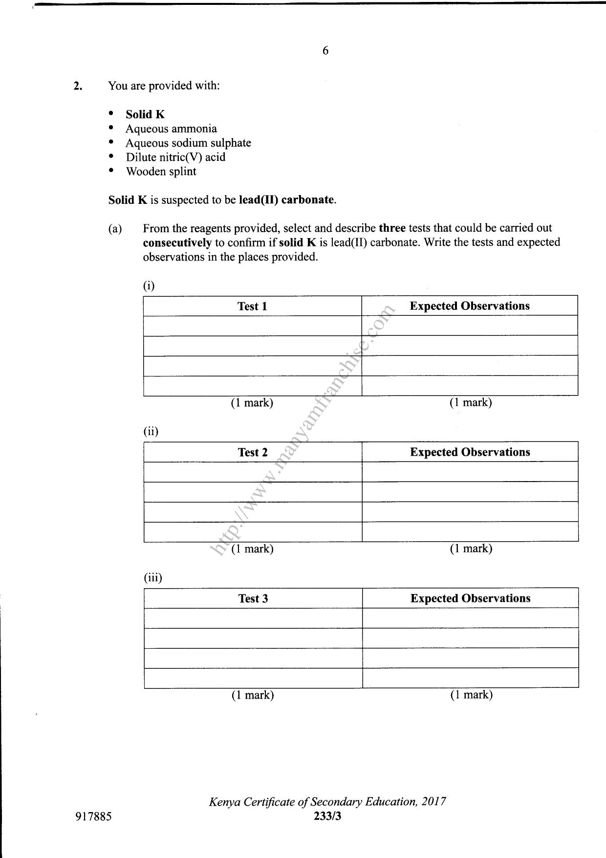 Chemistry KCSE Paper 3 (2017) — page 6 of 8