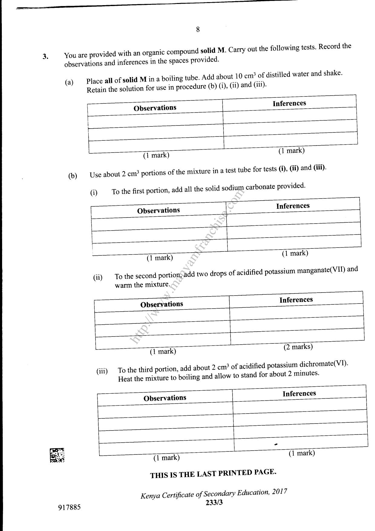 Chemistry KCSE Paper 3 (2017) — page 8 of 8