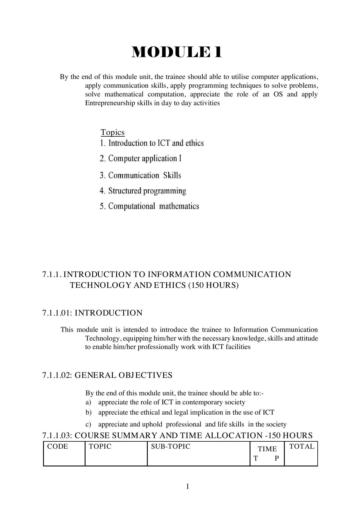 Course Outline FOR Introduction TO ICT AND Ethics — page 1 of 12