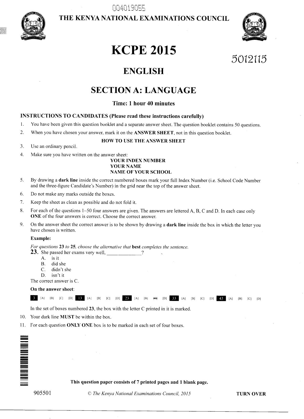 How to Use the Answer Sheet (2015) — page 1 of 7