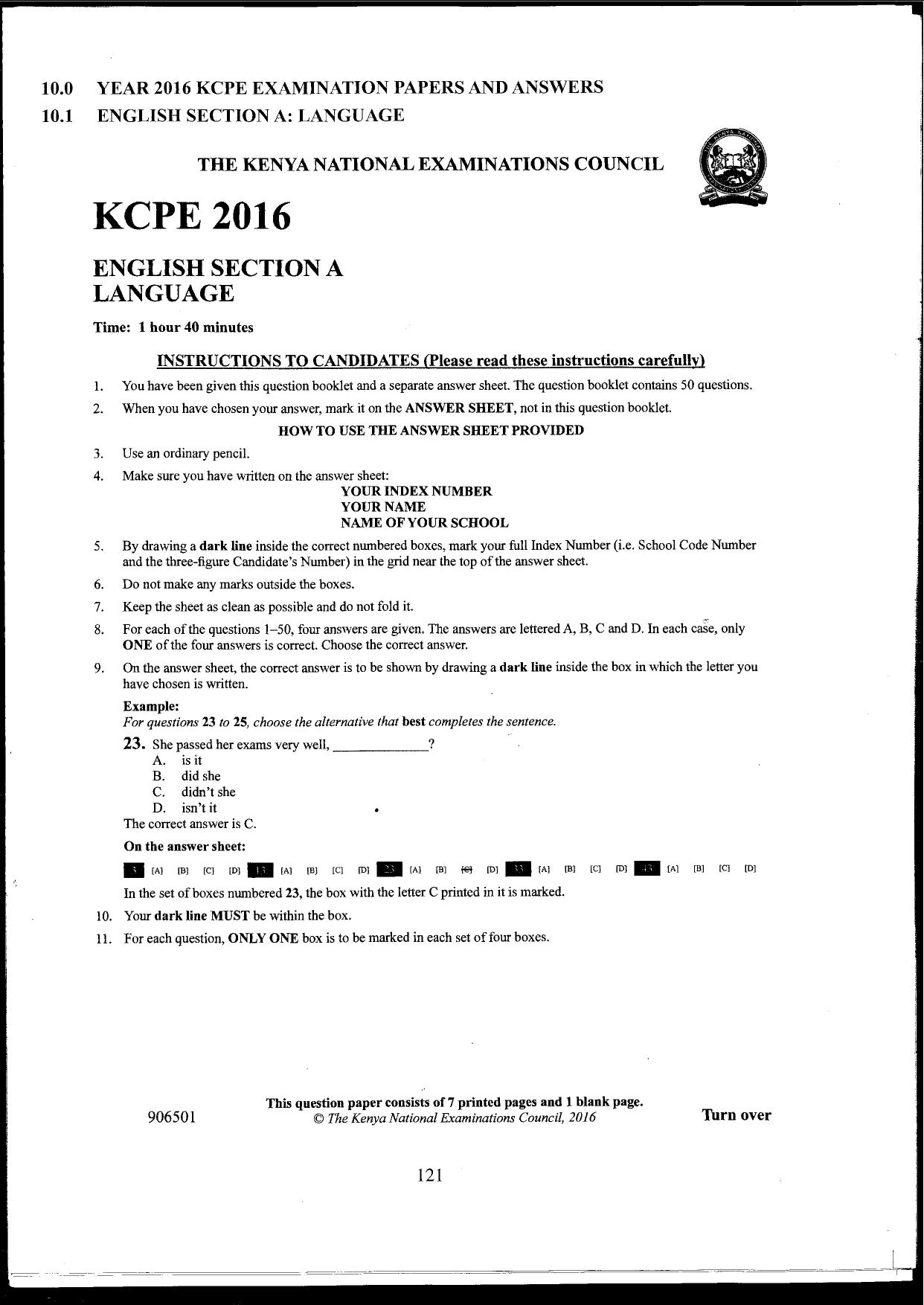 How to Use the Answer Sheet Provided (2016) — page 1 of 7