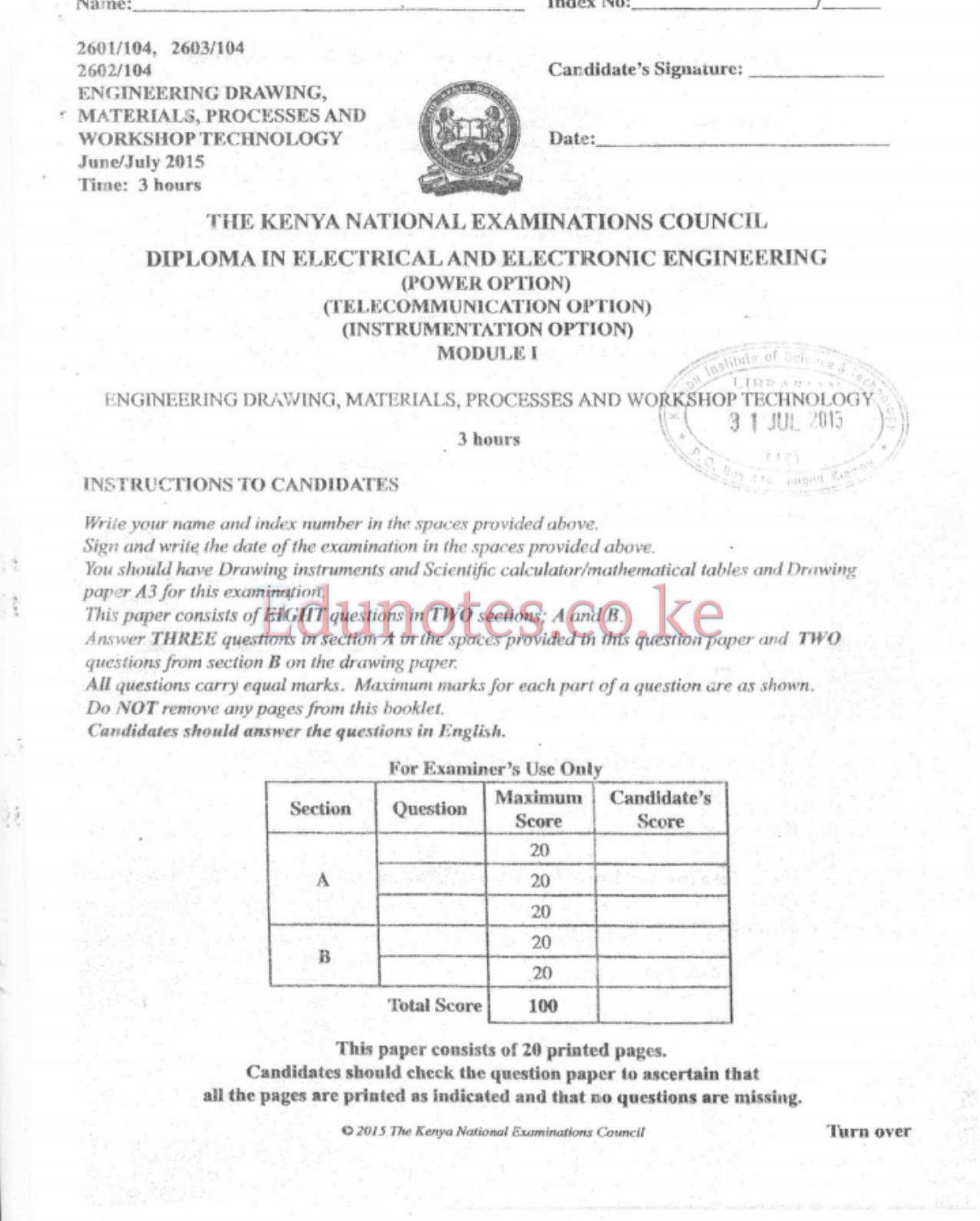 Engineering Drawing, Materials, Processes and Worisshop Technology (2015) — page 1 of 6