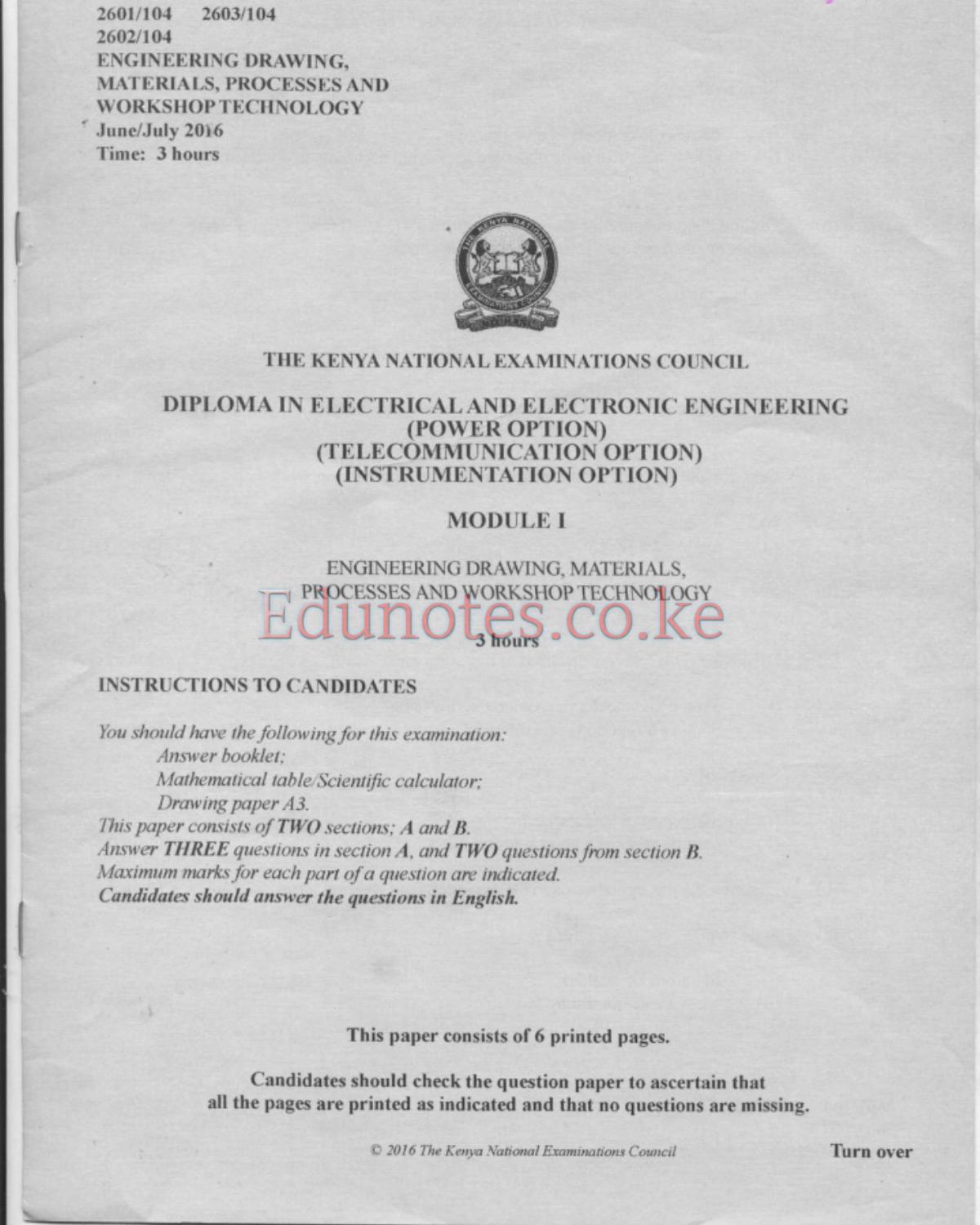 Engineering Drawing, Materials (2016) — page 1 of 6