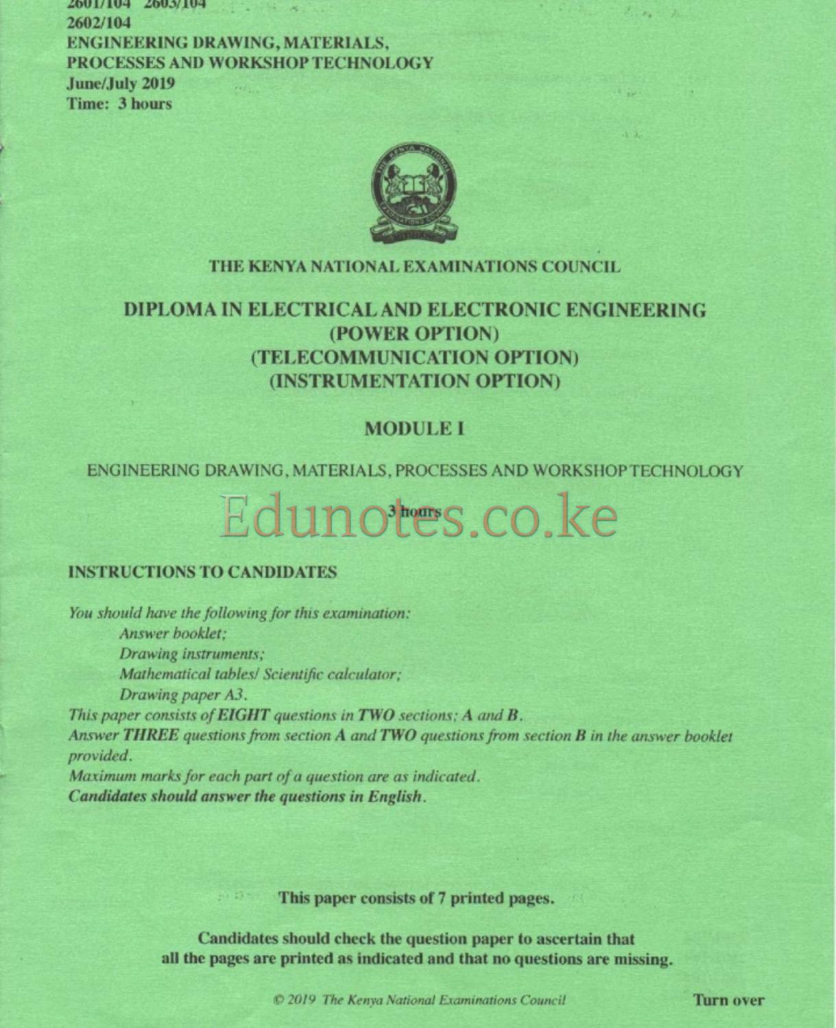 Engineering Drawing, Materials, Processes and Workshop Technology (2019) — page 1 of 7