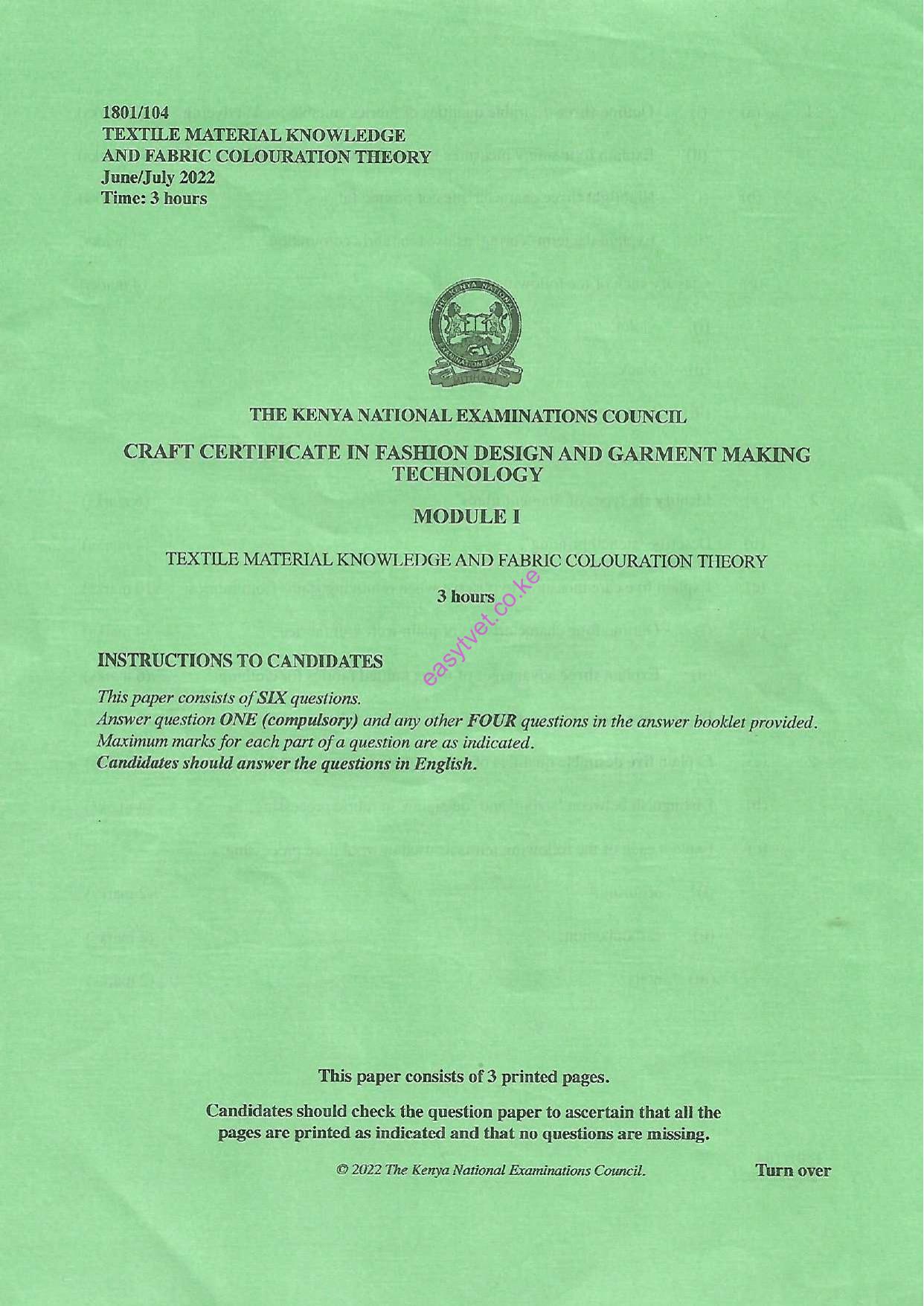 Textile Material Knowledge and Fabric Colouration Theory (2022) — page 1 of 3