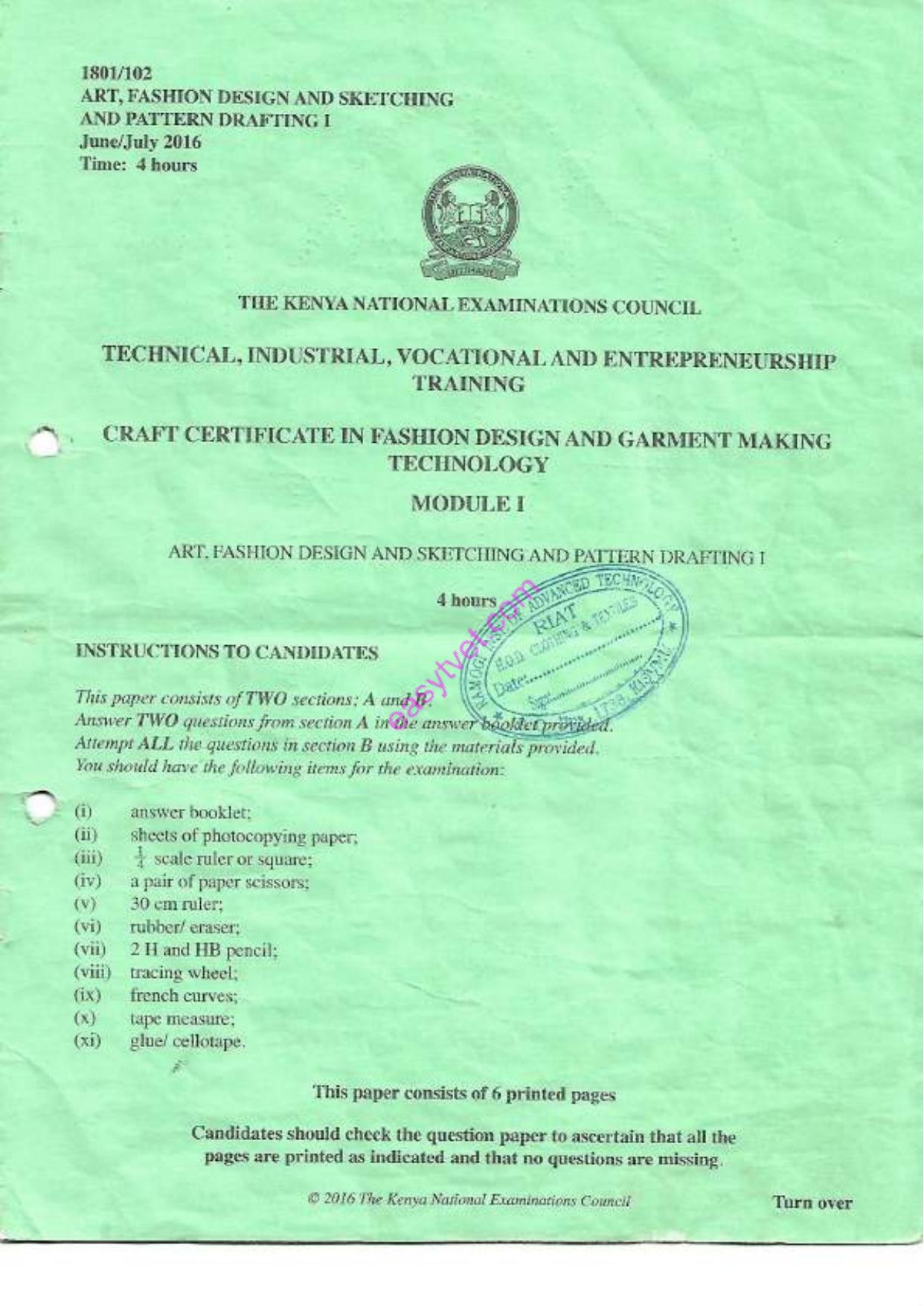 Technical, Industrial, Vocational and Entrepreneurship (2016) — page 1 of 6