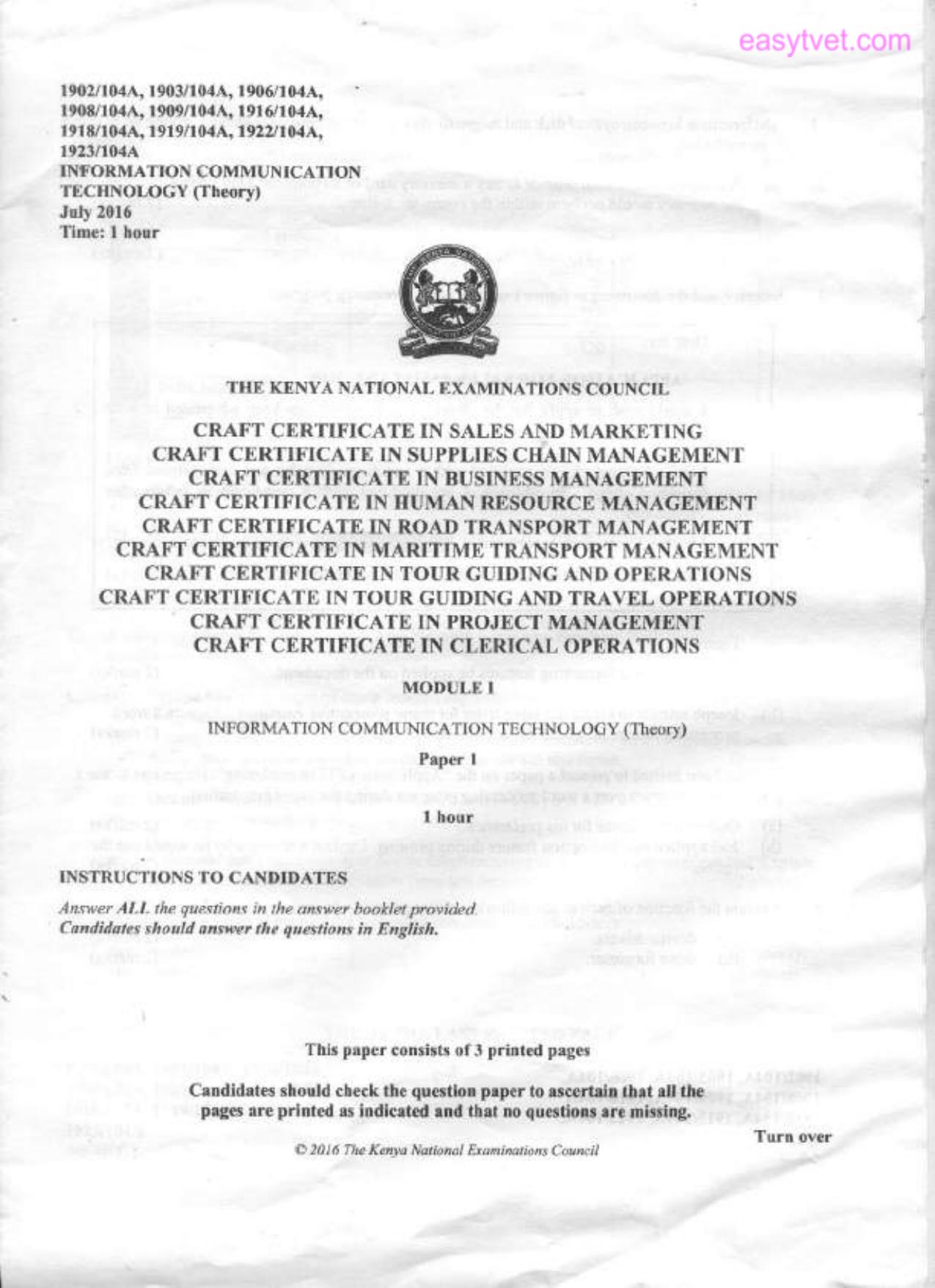 Craft Certificate in Tour Guiding and Travel Operations (2016) — page 1 of 3