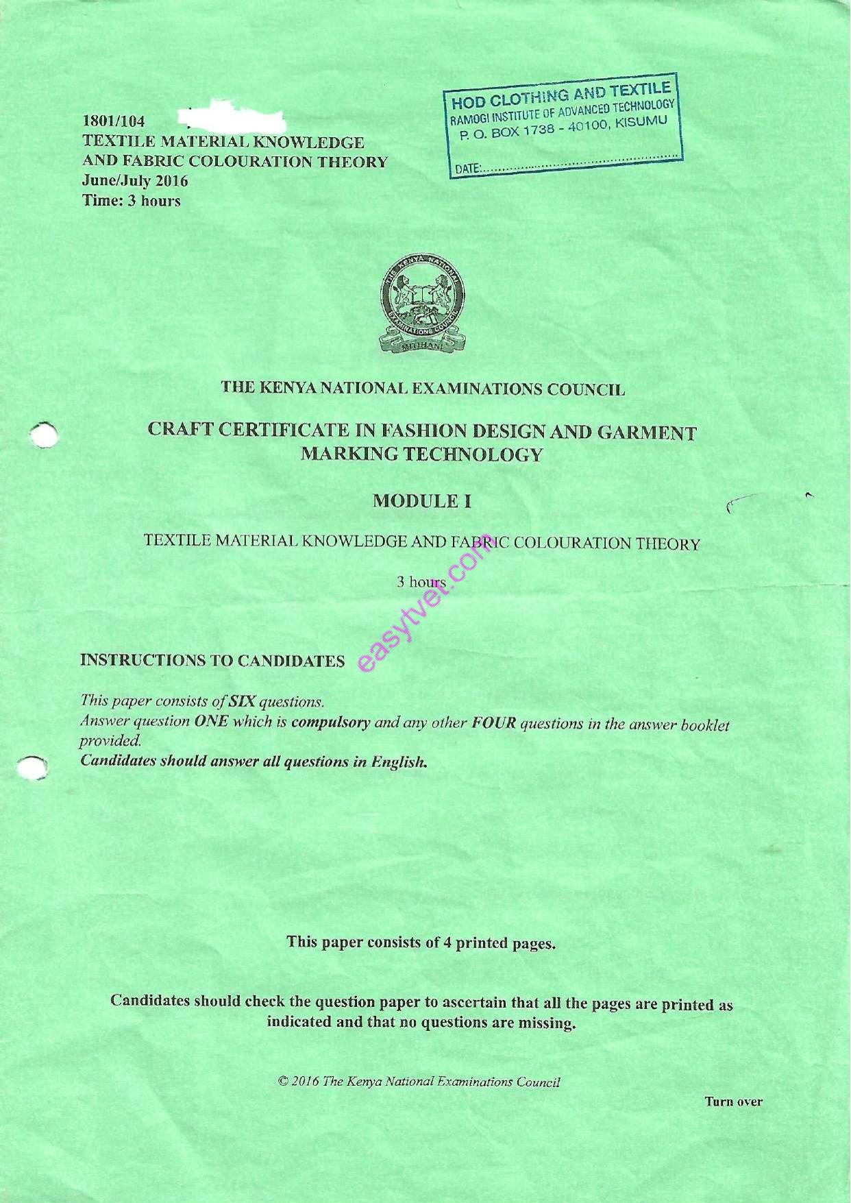 Textile Matertal Knowledge and Fabric Colouration Theory (2016) — page 1 of 4