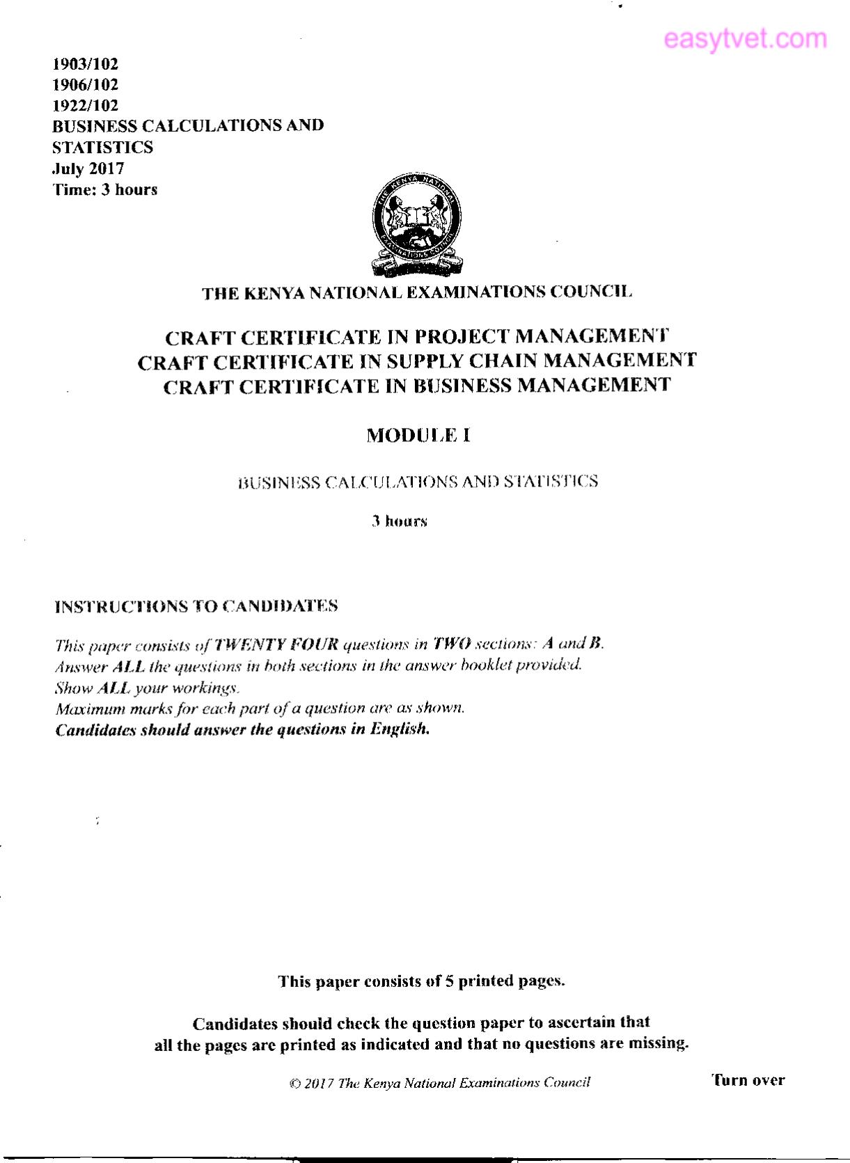 Craft Certificate in Supply Chain Management (2017) — page 1 of 5
