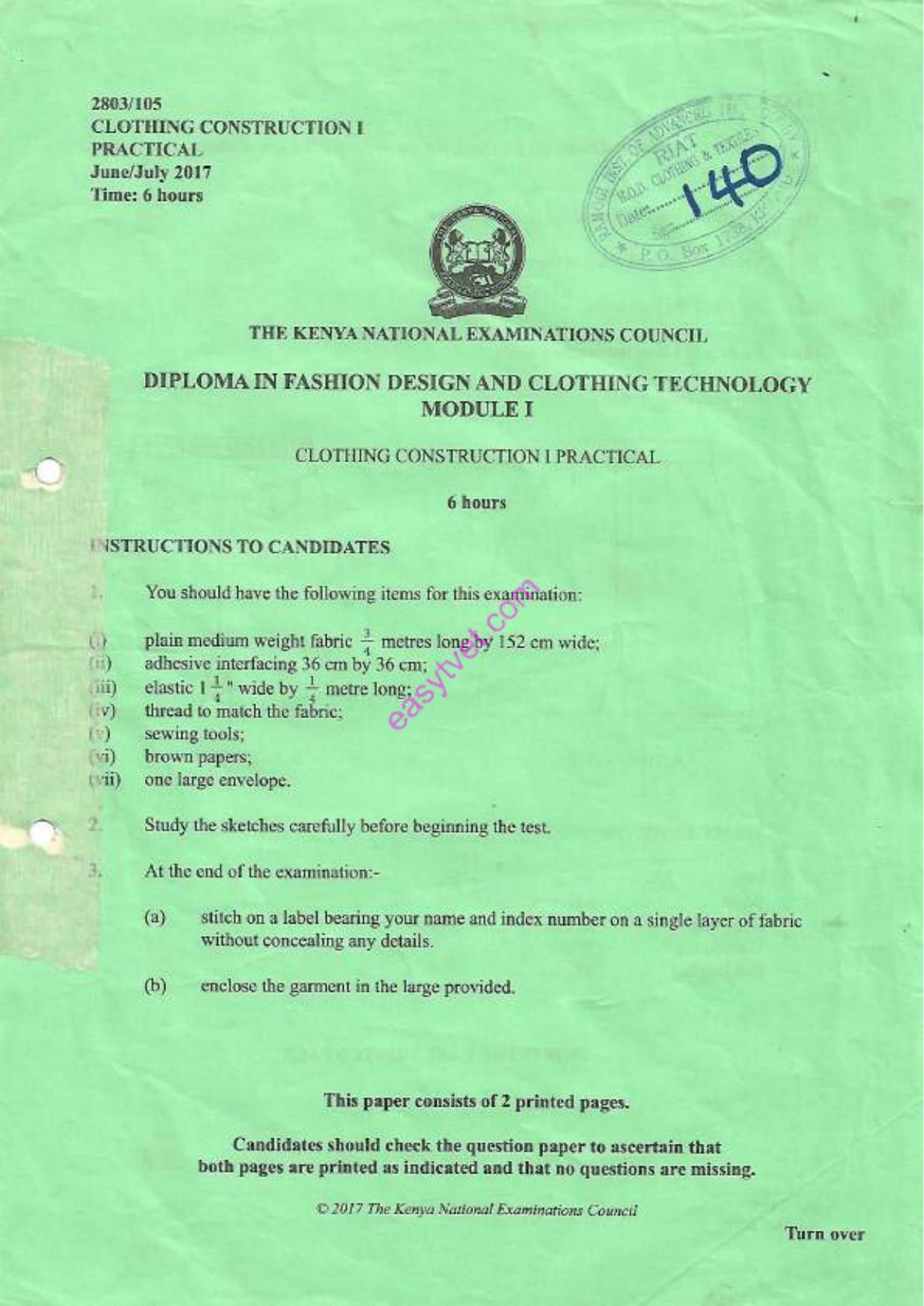 Clothing Construction Practical (2017) — page 1 of 2