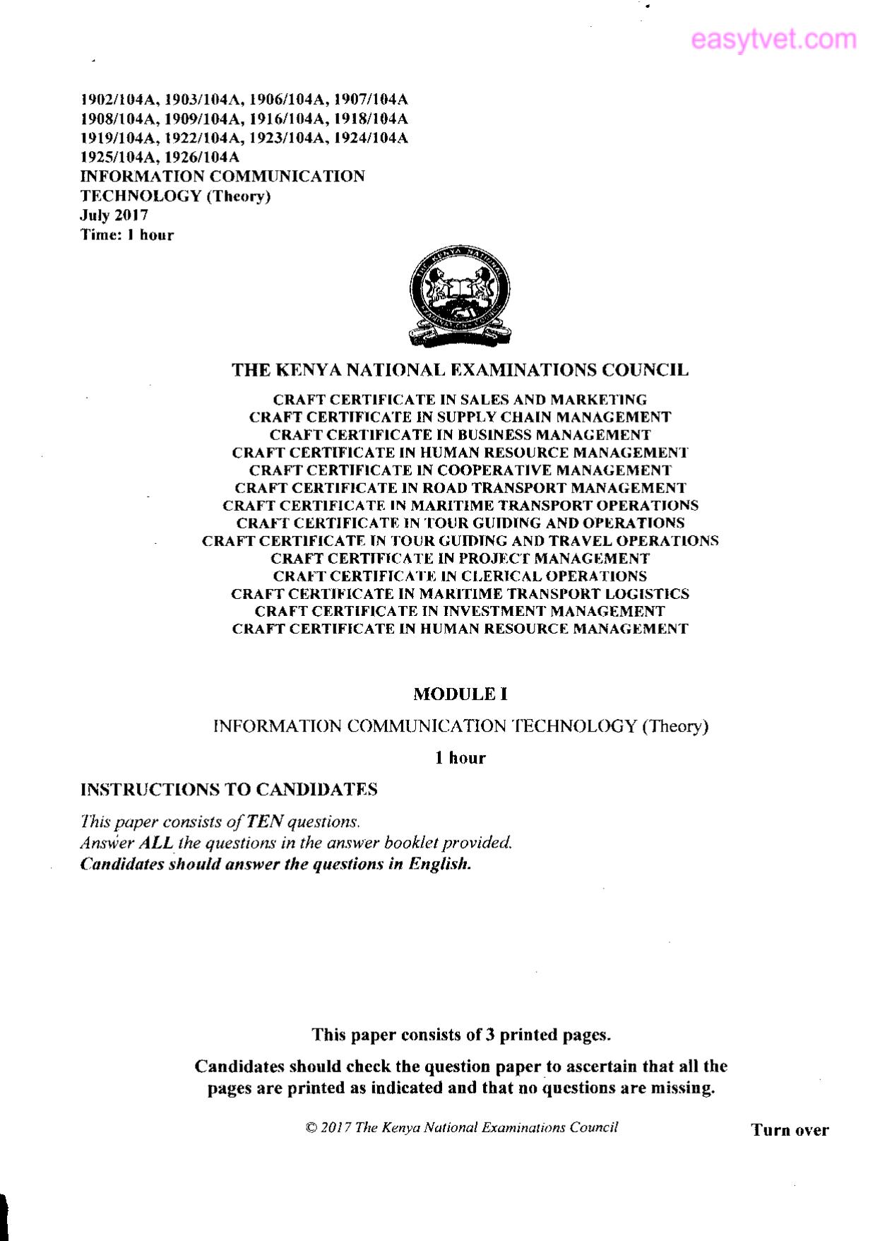 Craft Certificate in Human Resource Management (2017) — page 1 of 3