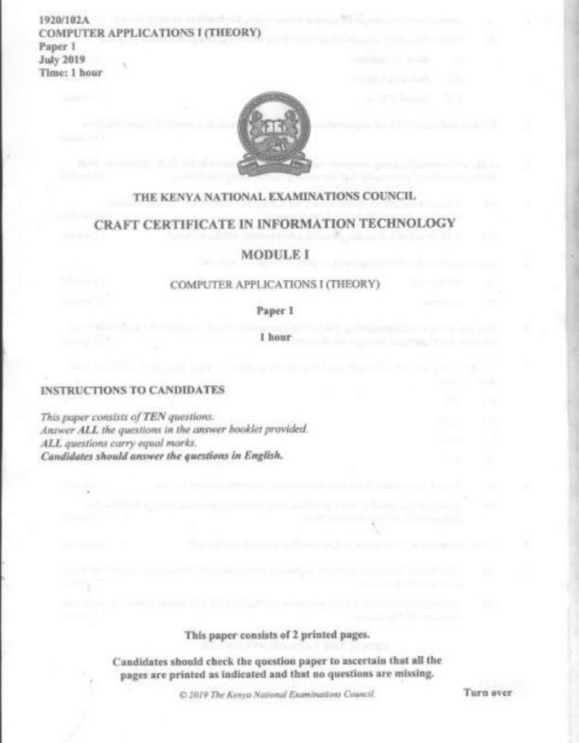 Computer Applications I (theory (2019) — page 1 of 2