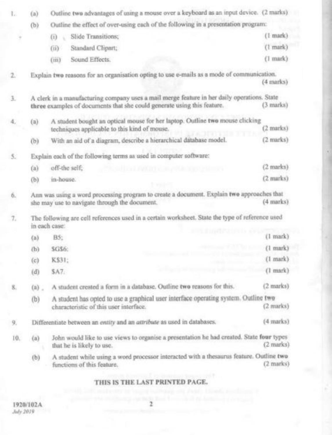 Computer Applications I (theory (2019) — page 2 of 2