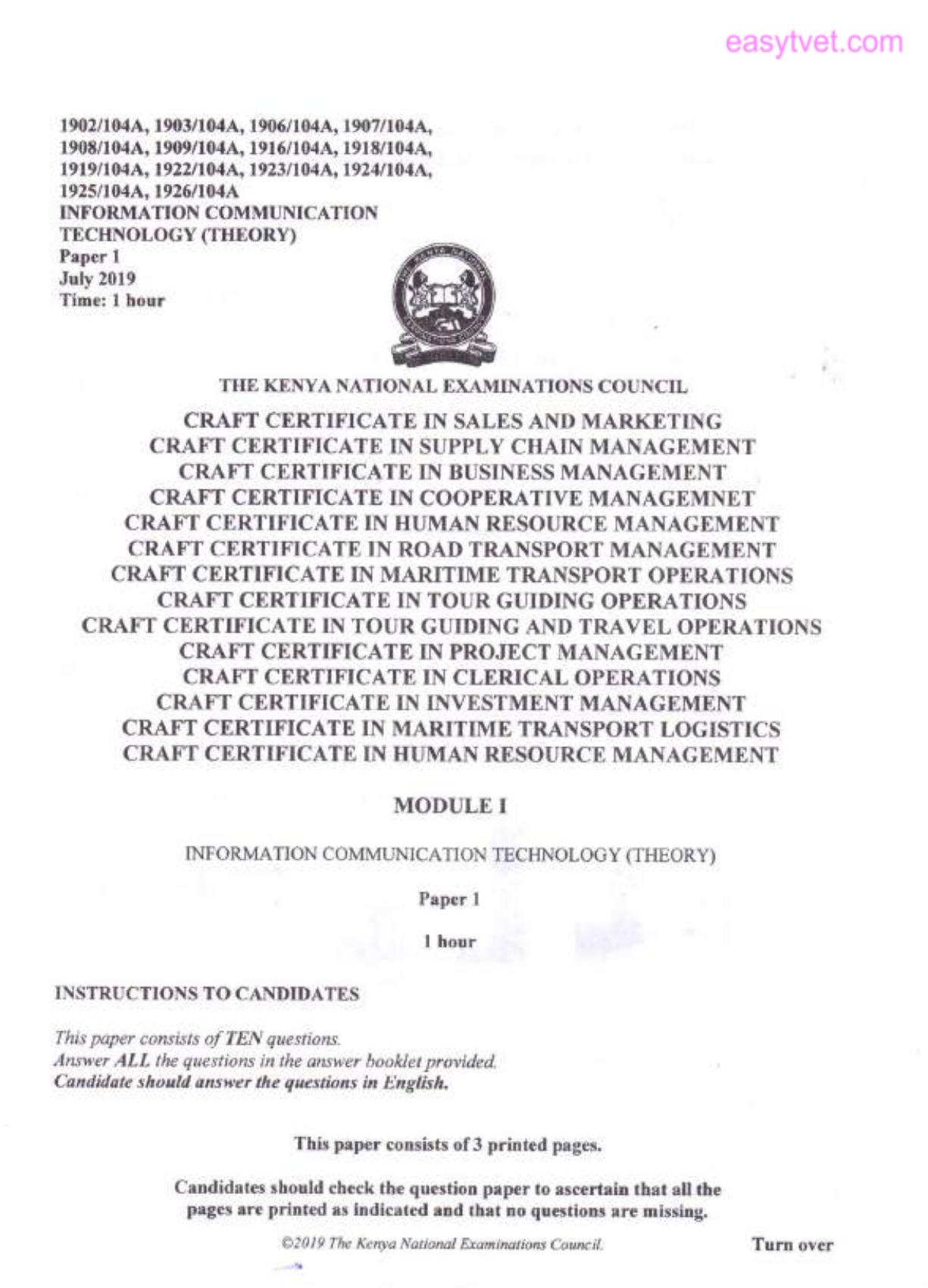 Craft Certificate in Human Resource Management (2019) — page 1 of 3