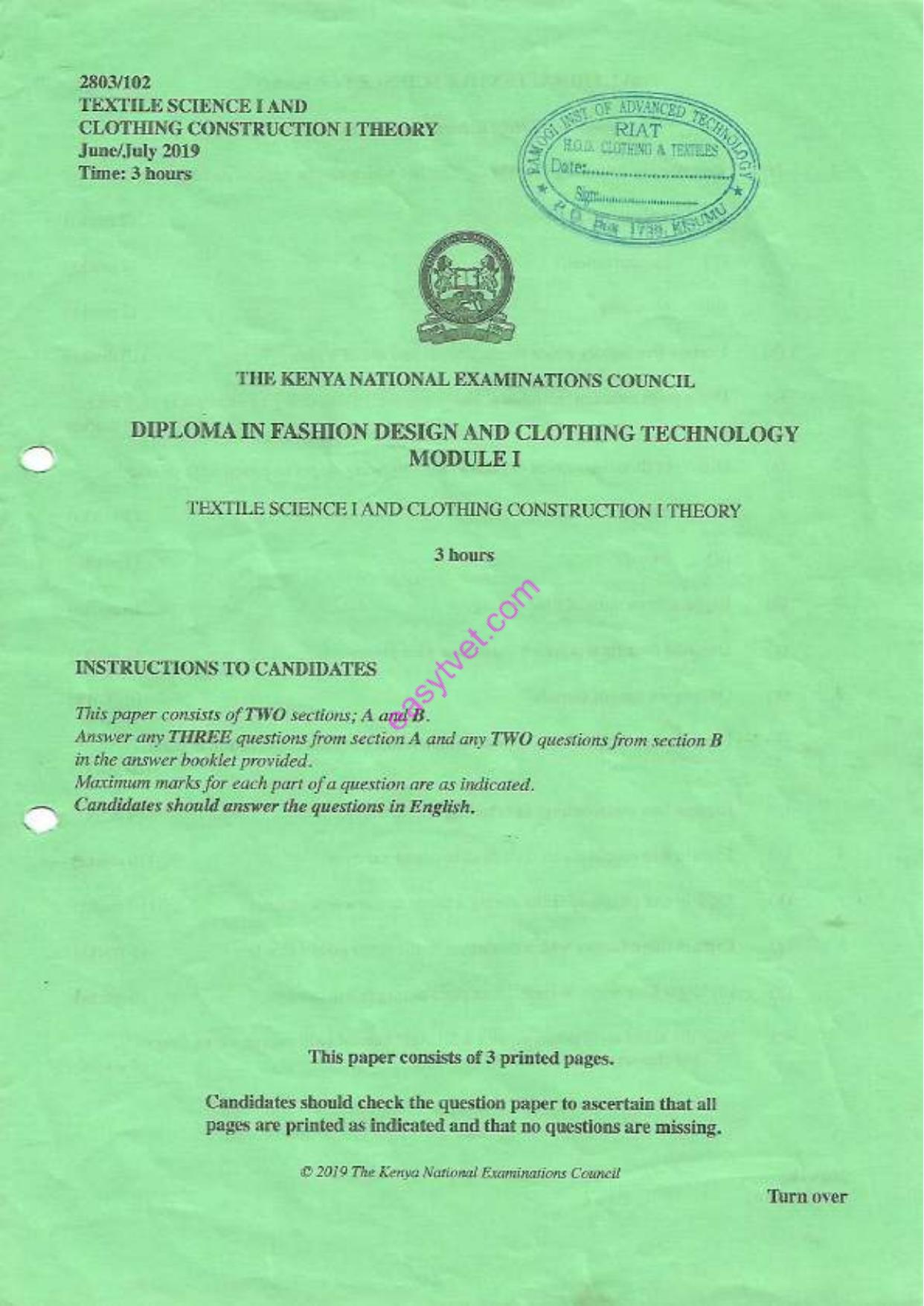 Textile Science 1 and Clothing Comnstruction Theory (2019) — page 1 of 3