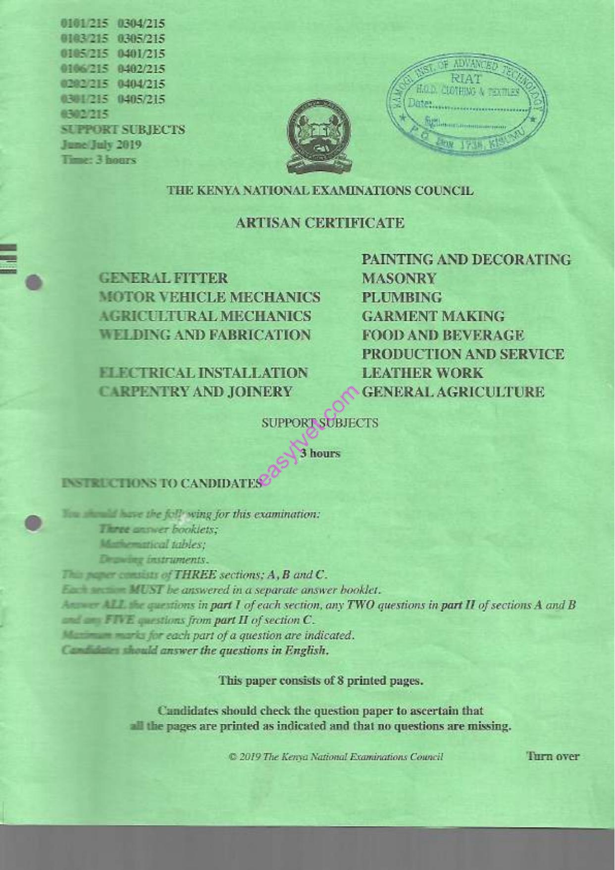 Carpentry and Joinery Q General Agriculture (2019) — page 1 of 8