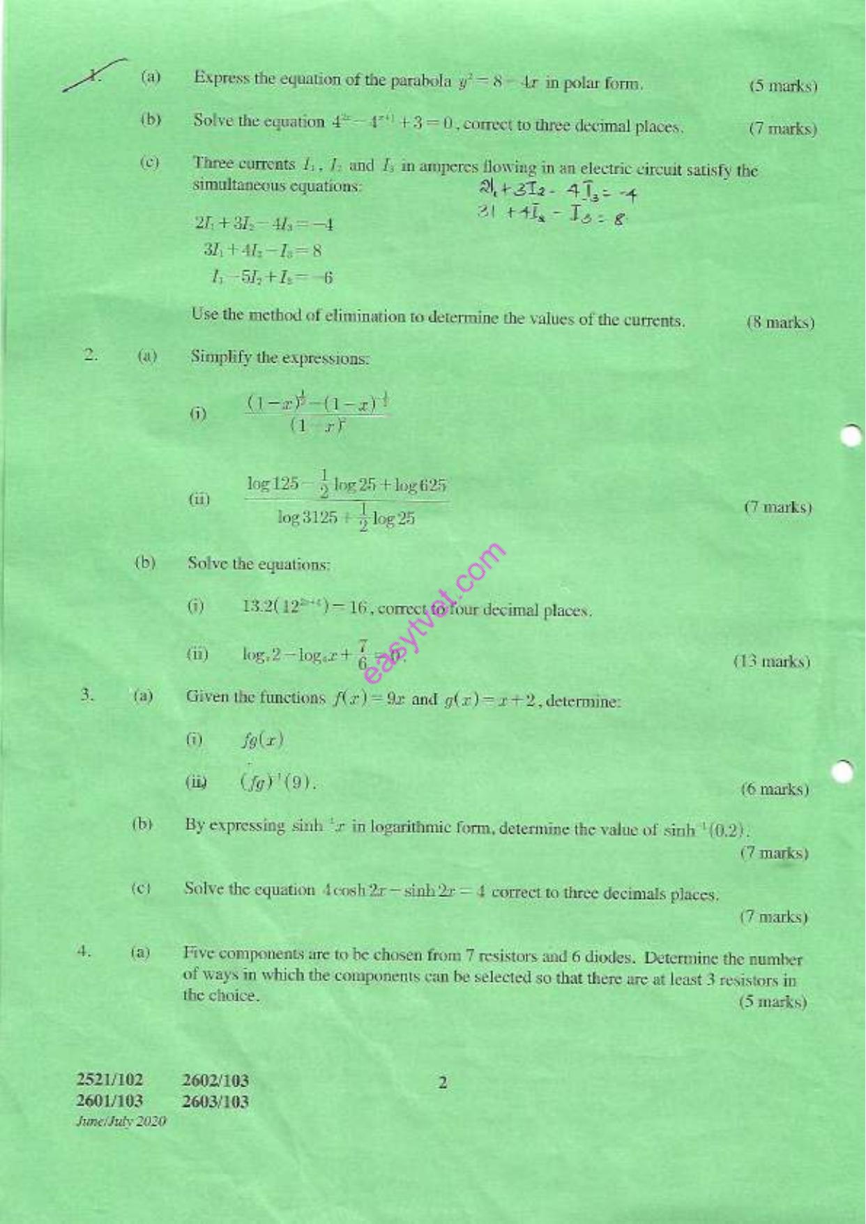 Engineering Mathemayics I (2020) — page 2 of 4