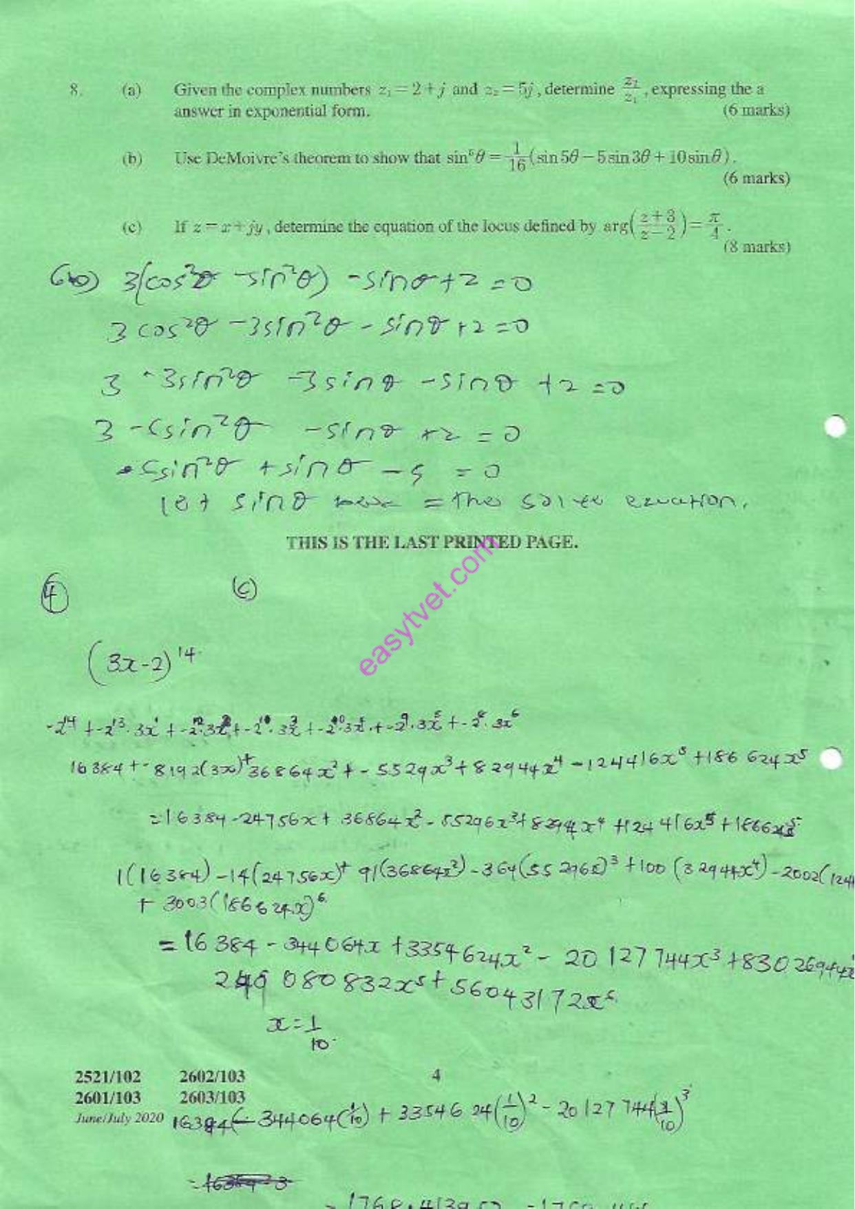 Engineering Mathemayics I (2020) — page 4 of 4
