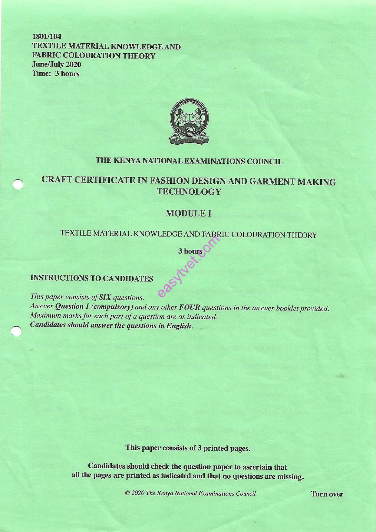 Textile Material Knowledge and Fabric Colouration Theory (2020) — page 1 of 3
