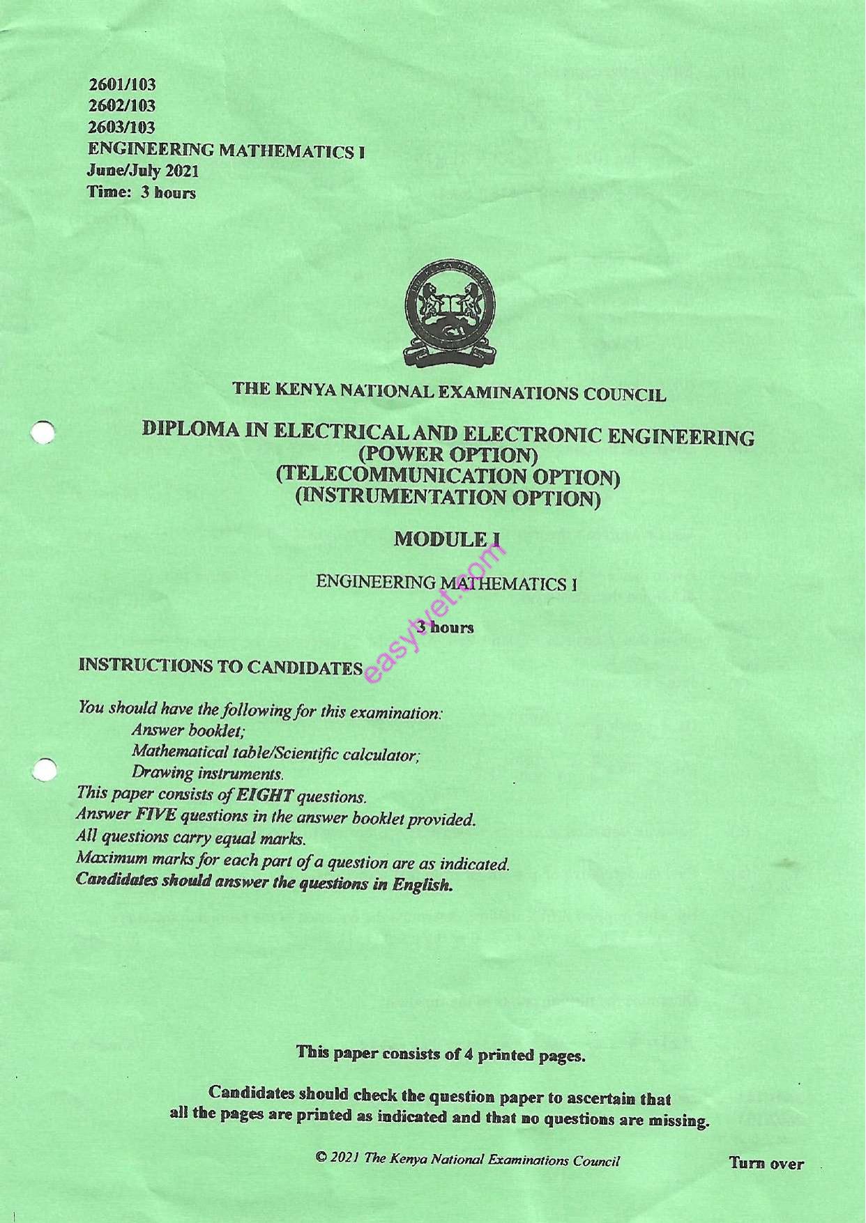 Engineering Mathematics I (2021) — page 1 of 4
