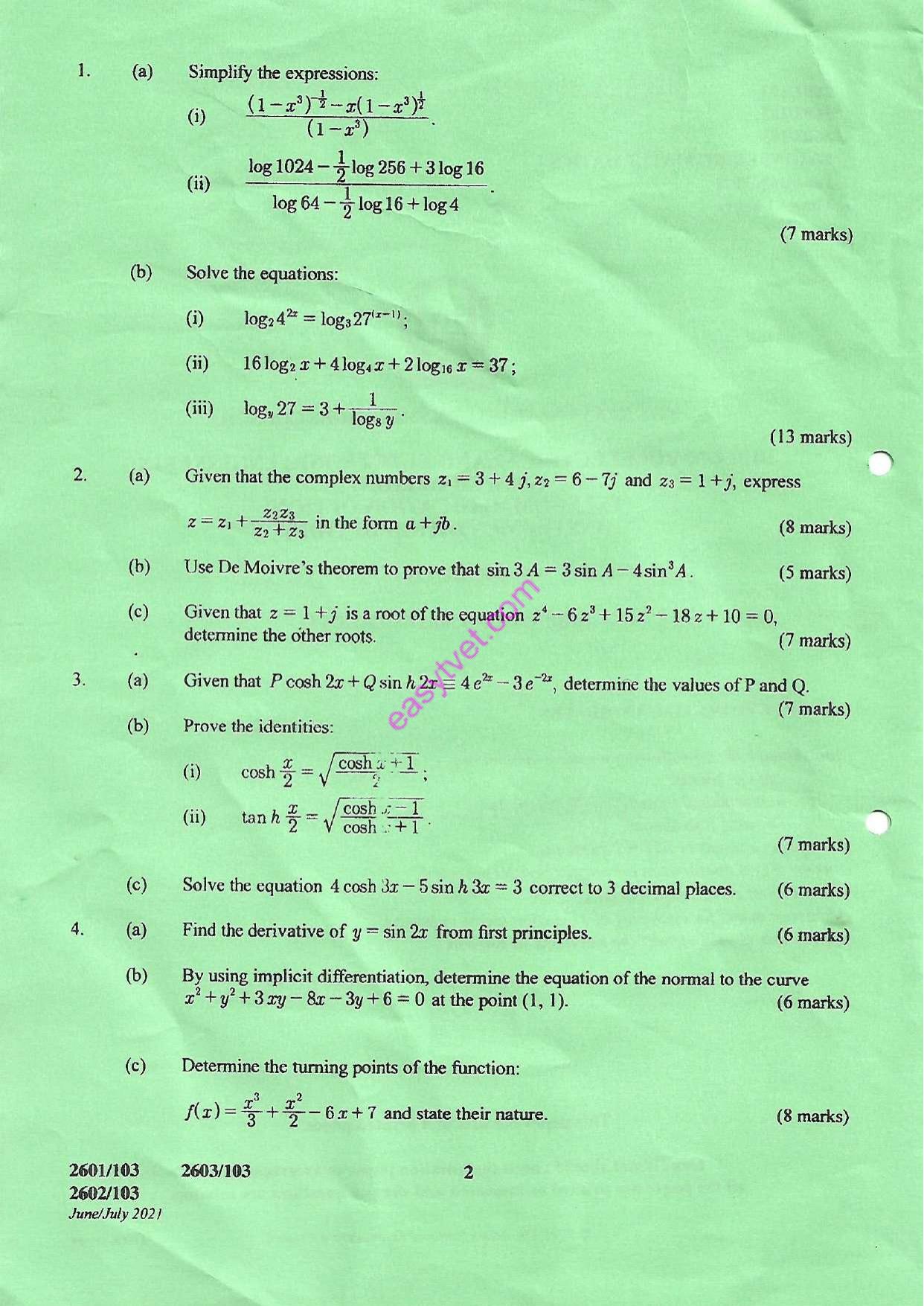 Engineering Mathematics I (2021) — page 2 of 4