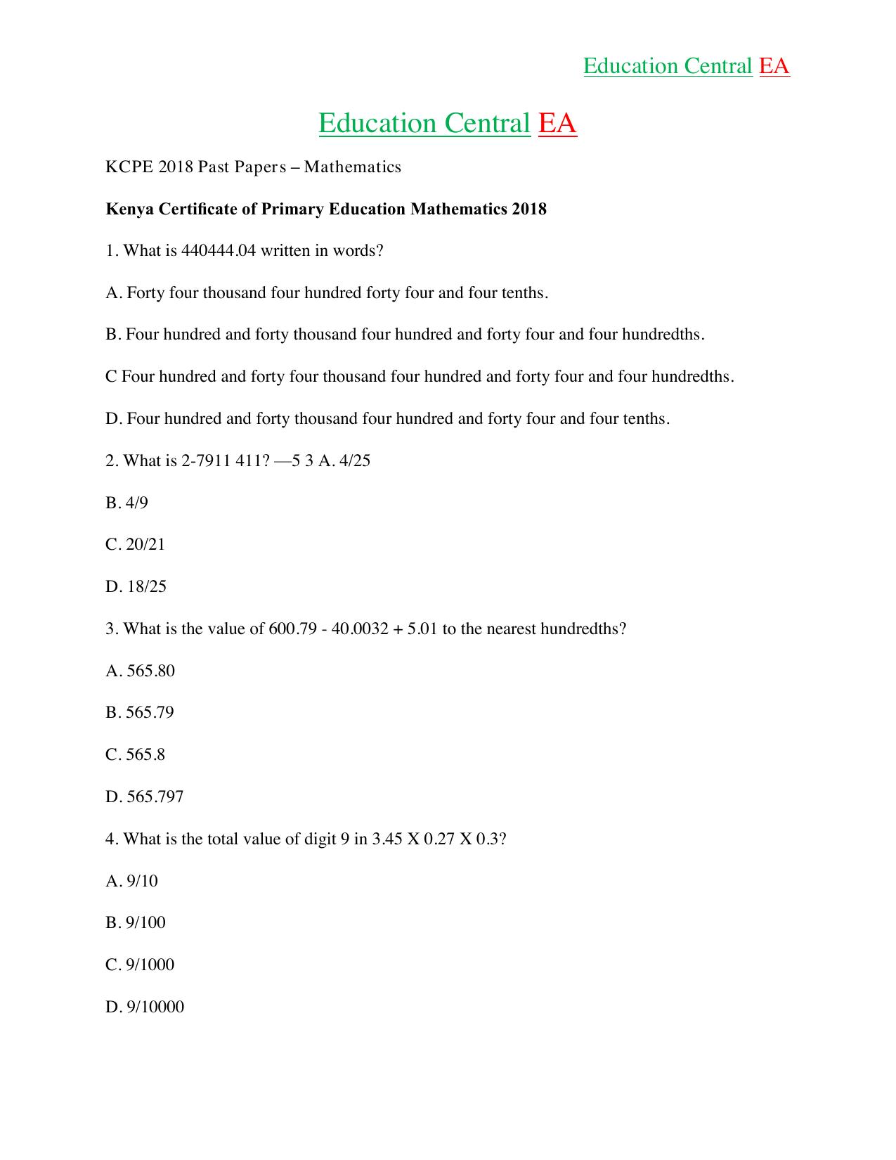 Mathematics KCPE (2018) — page 1 of 17
