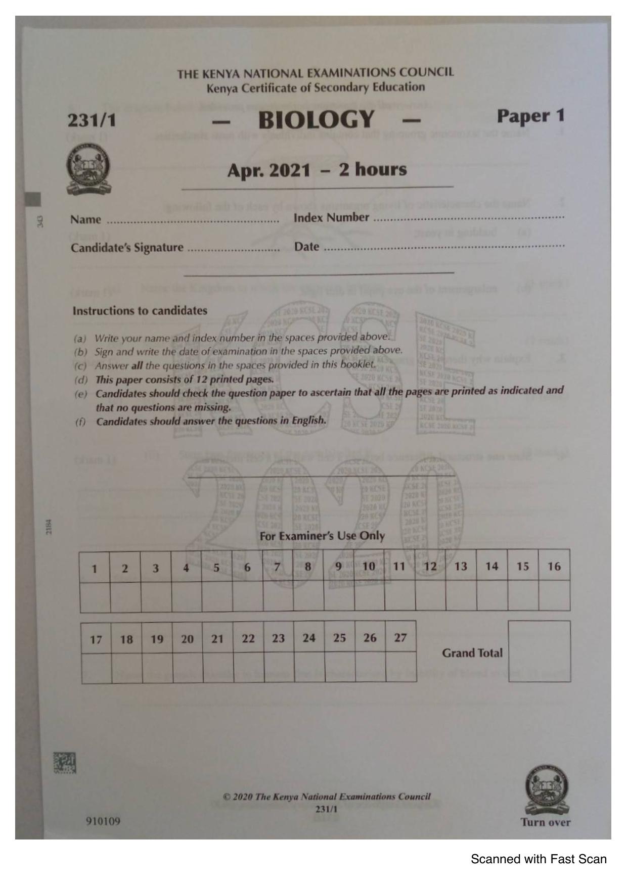 Biology KCSE Paper 1 (2020) — page 1 of 12